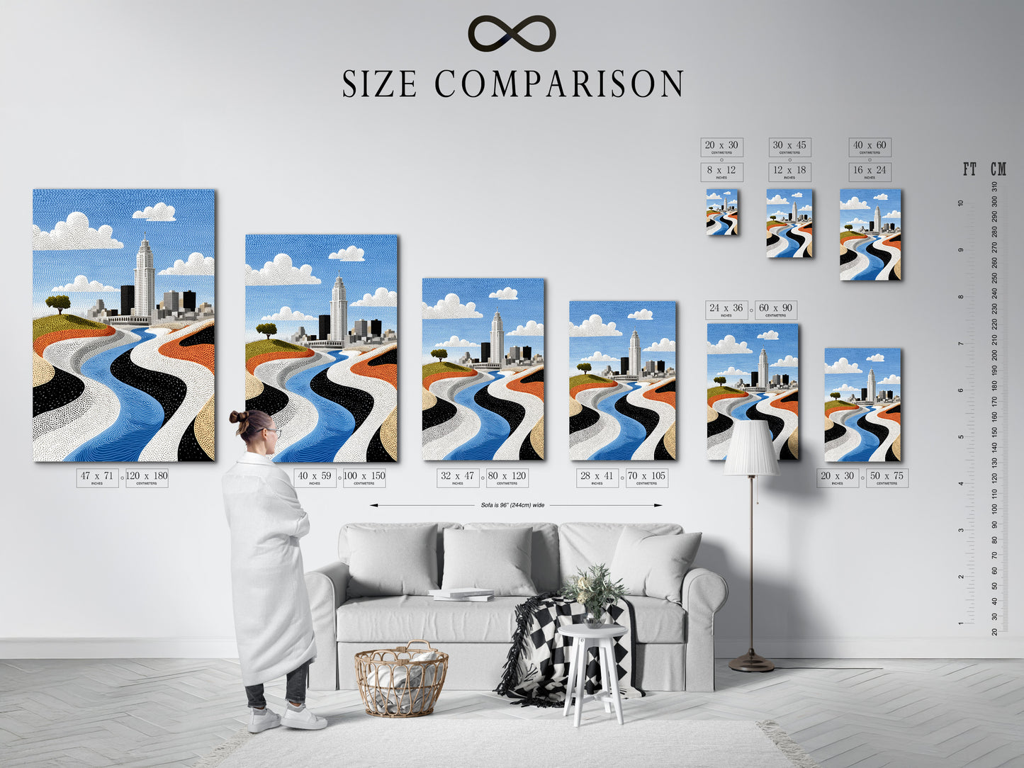 A size comparison chart is displayed in an interior setting. It showcases various sizes of the city skyline artwork. Choose the perfect size for your modern river landscape wall art. Find the ideal fit for your space.
