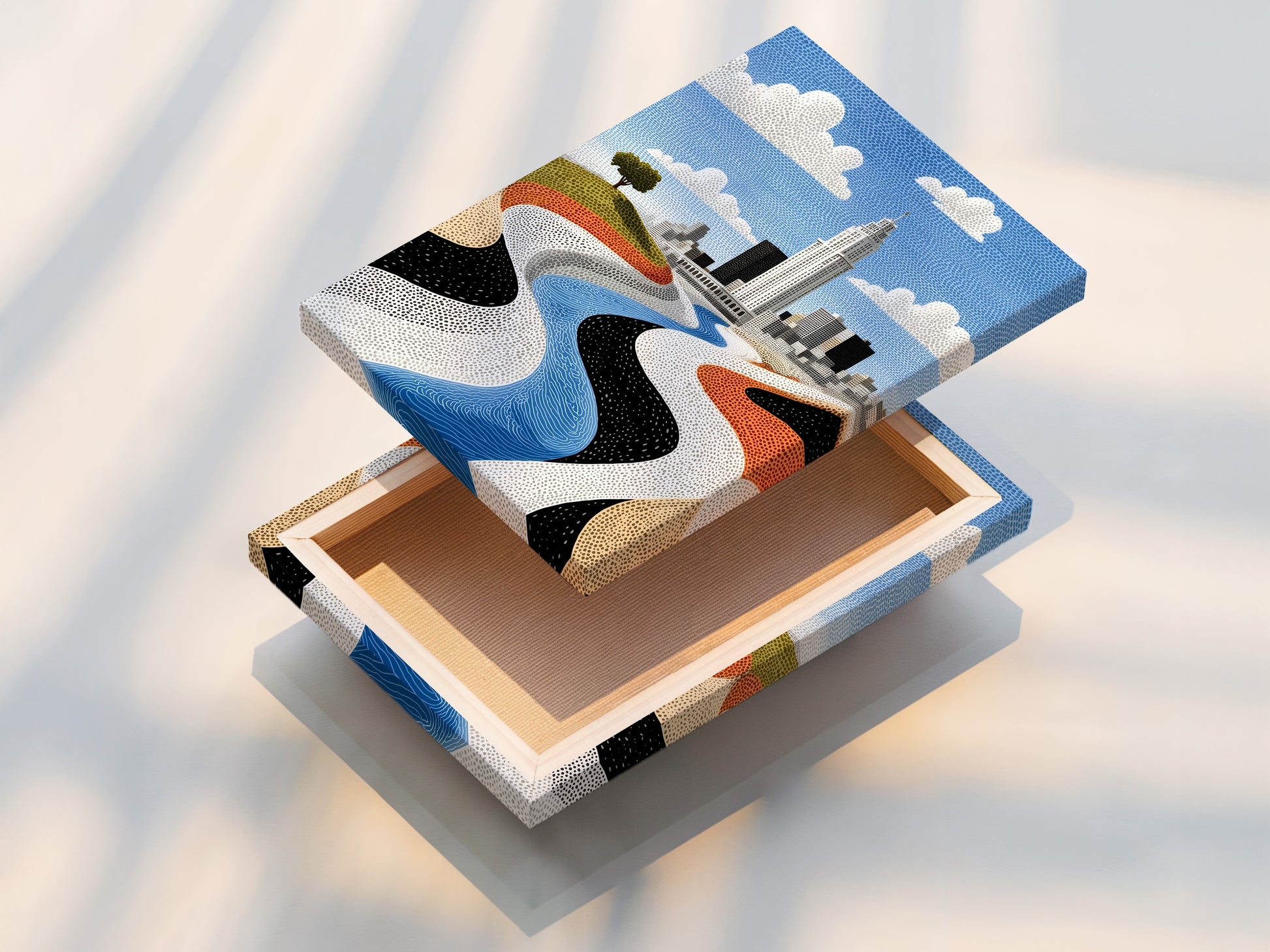 This is a stretched canvas print of a city skyline artwork. The modern river landscape wall art is ready to hang. It adds an urban abstract touch to any living space. Perfect for contemporary decor.