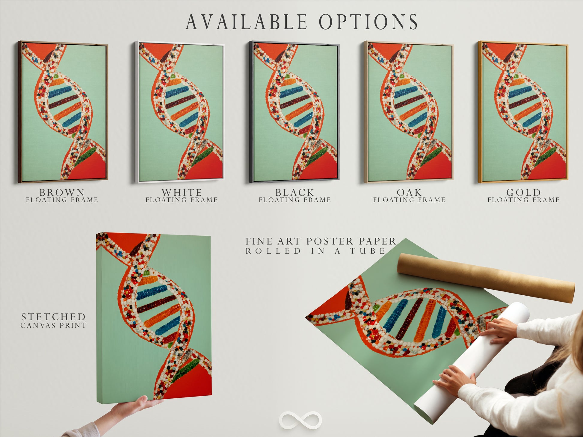 Available options are displayed. This includes a stretched canvas print fine art poster paper and floating frame. Choose the perfect presentation for your DNA Structure Canvas Print. The art is ideal for modern spaces. Perfect for homeowners apartment dwellers and stylists.