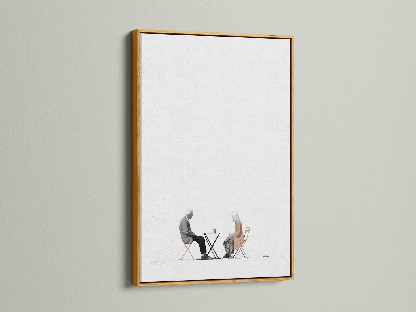 Elevate your walls with this minimalist artwork. It features an elderly couple. The gold frame adds a luxurious touch. Perfect for living room or office wall art. This subtle artwork enhances any space. Explore our range of fine art prints today for your home or business.