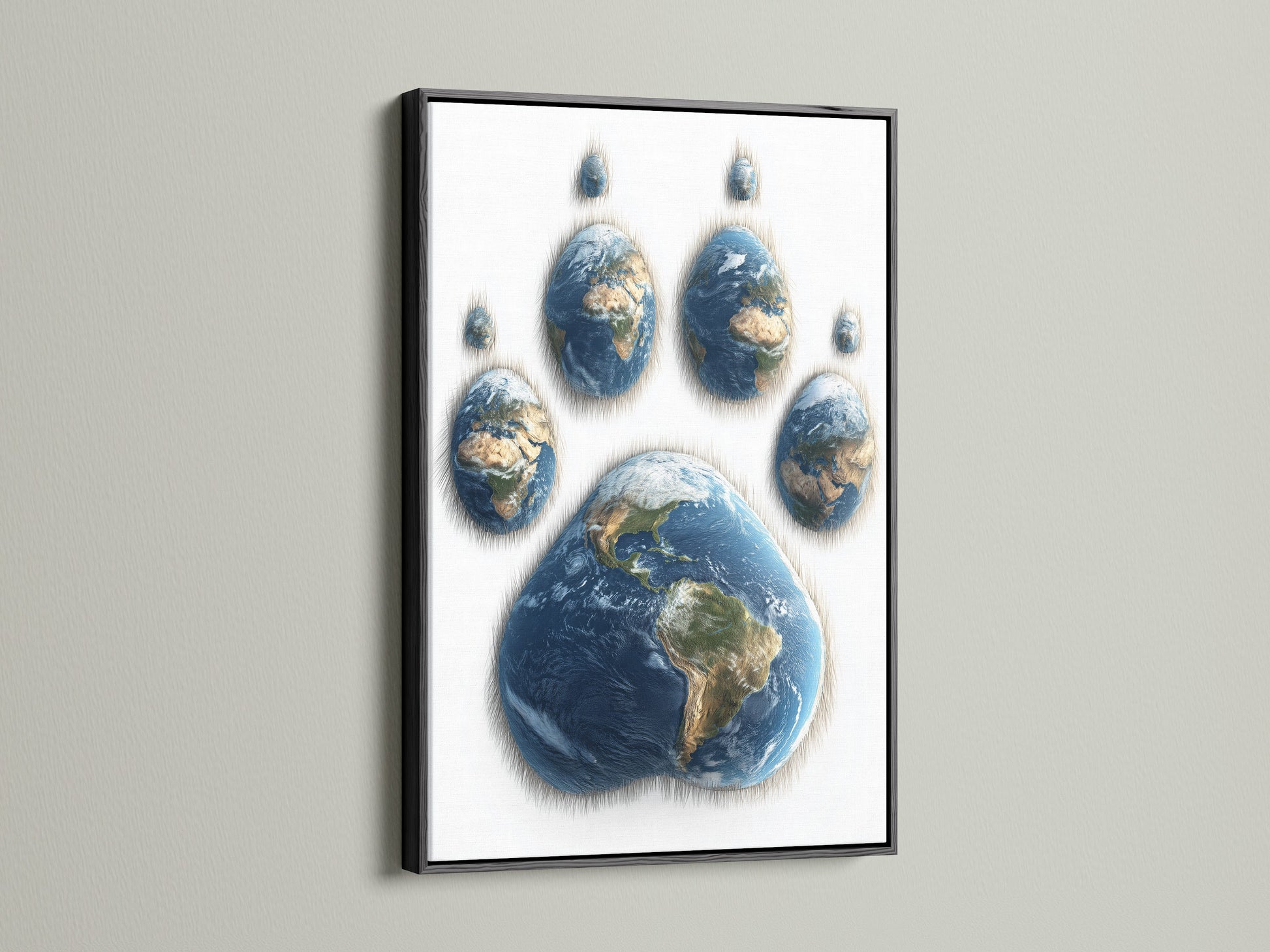Black frame highlighting a unique artwork. The art shows a paw print made of Earths. The black frame provides a bold and sophisticated look. This artwork adds a touch of drama to any room. The dark frame makes the colors pop. Perfect for creating a focal point in your home.