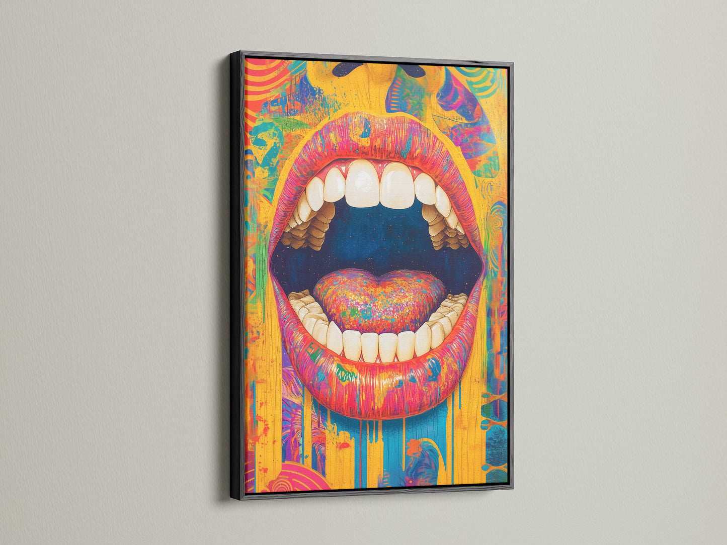 A psychedelic mouth artwork print is framed in black. The black frame makes the colors pop. This surreal pop art canvas is ideal for modern spaces. This will give you a retro psychedelic feel to any room it is placed in.