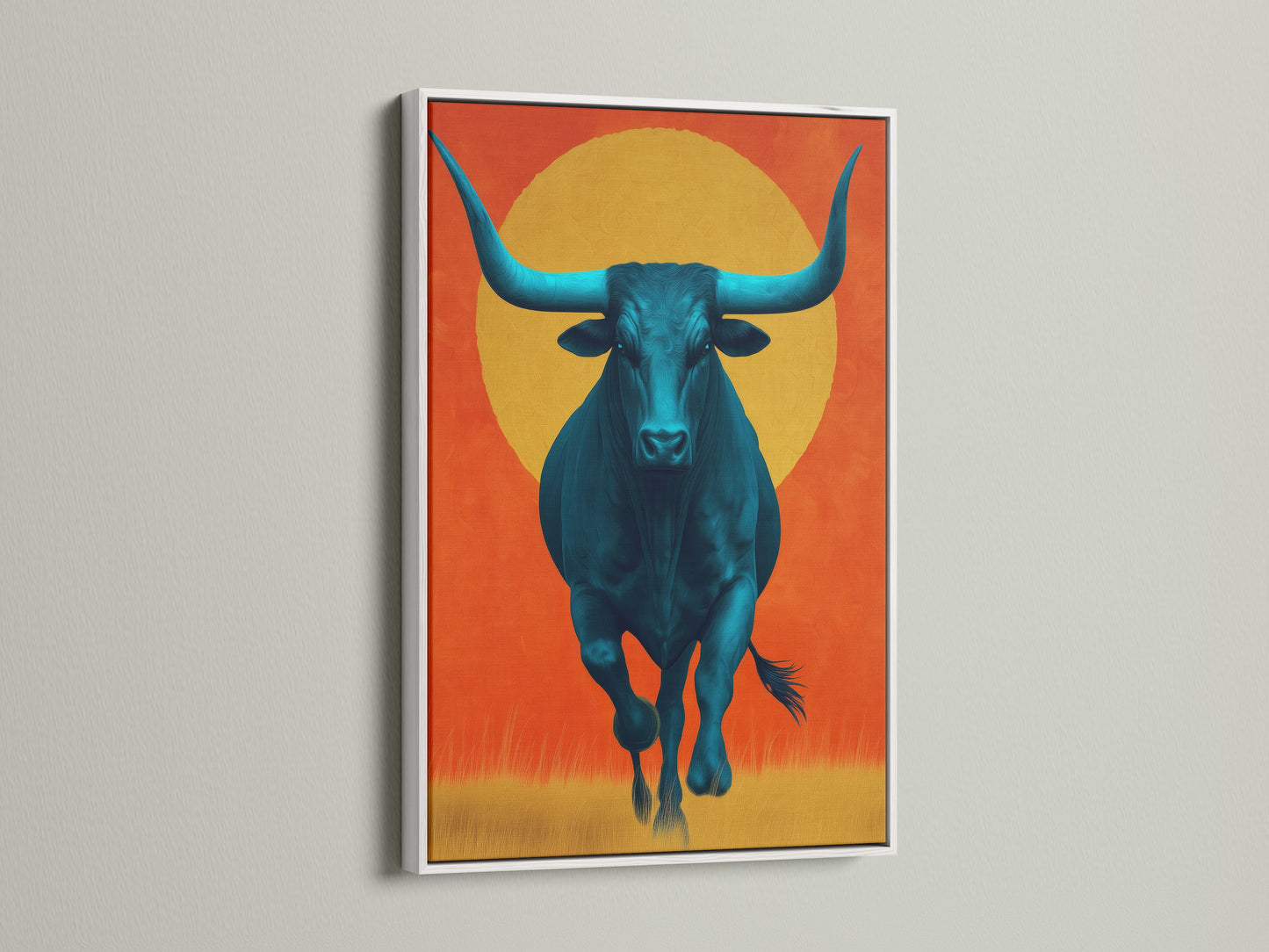 See this striking teal bull artwork presented in a clean white frame. This modern canvas art is perfect for farmhouse decor. Its southwestern aesthetic brings a unique touch to any space. This animal artwork is a stylish addition to your home decor.