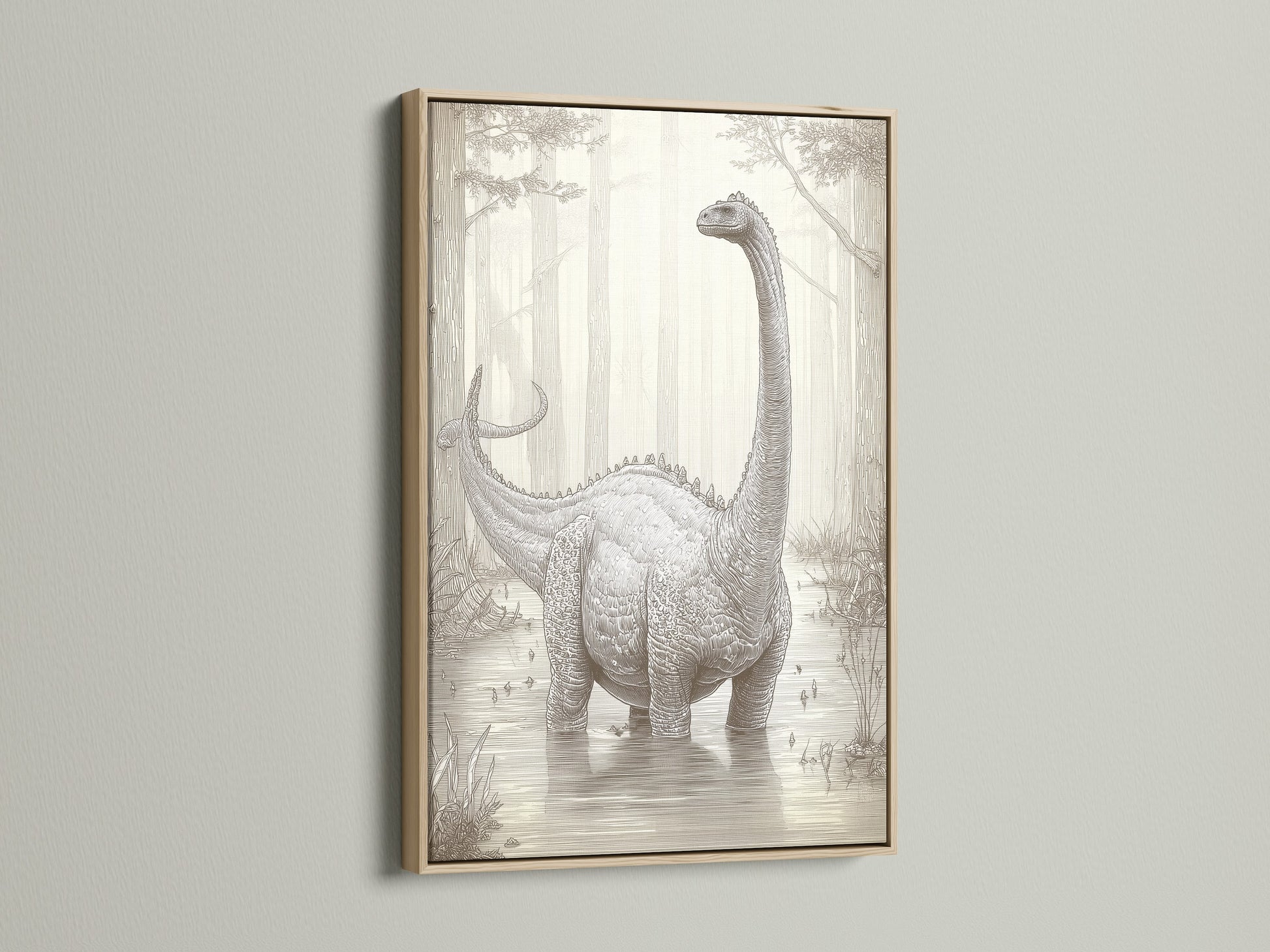 This is a close-up of an oak frame. The oak frame enhances the dinosaur artwork. The light wood complements the art style. This frame is perfect for a natural aesthetic.