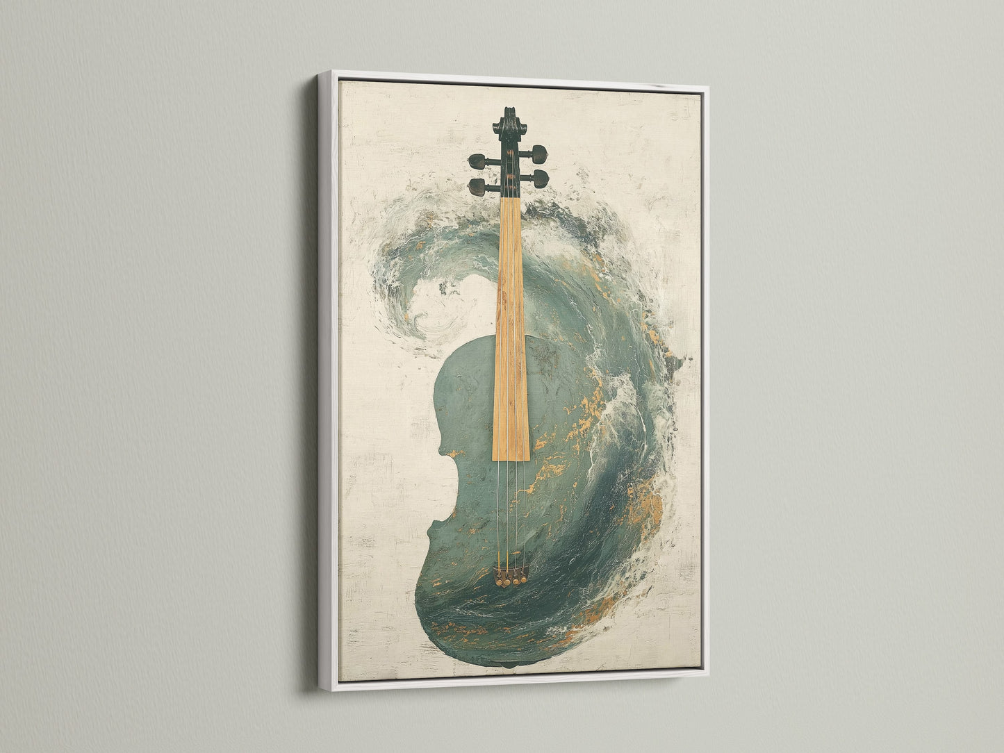 Abstract Violin Artwork showcased in a white frame. This modern canvas print features teal and gold accents. The white frame provides a clean and contemporary look. This musical instrument artwork is perfect for adding a touch of elegance to your living room or music space.