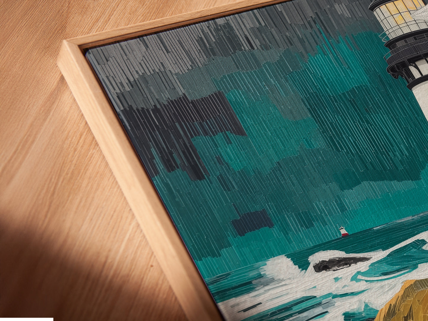 A close-up angled view reveals a canvas print in a floating frame. The lighthouse coastal artwork stands out with its unique presentation. This nautical seascape print adds depth and dimension to any wall. The floating frame enhances the minimalist aesthetic. Perfect for showcasing this ocean wall art in your living space.
