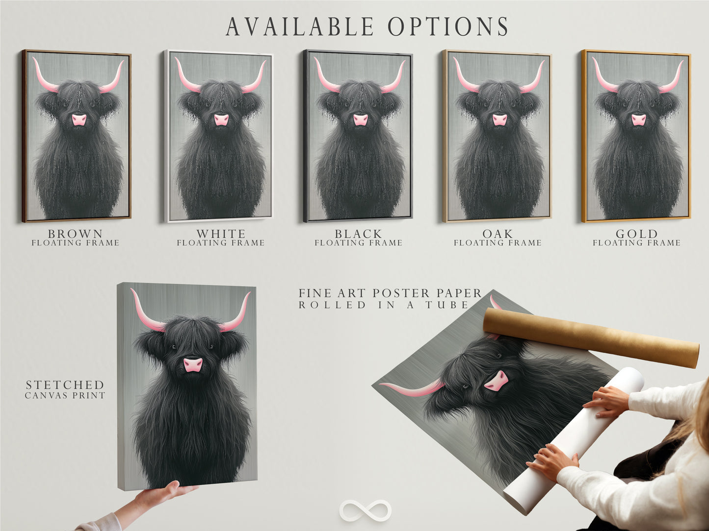Explore available options for your Highland Cow artwork. Choose from stretched canvas prints fine art poster paper or a floating frame. Customize your artwork to match your style. Perfect for farmhouse nursery or modern decor. Create unique animal wall decor.