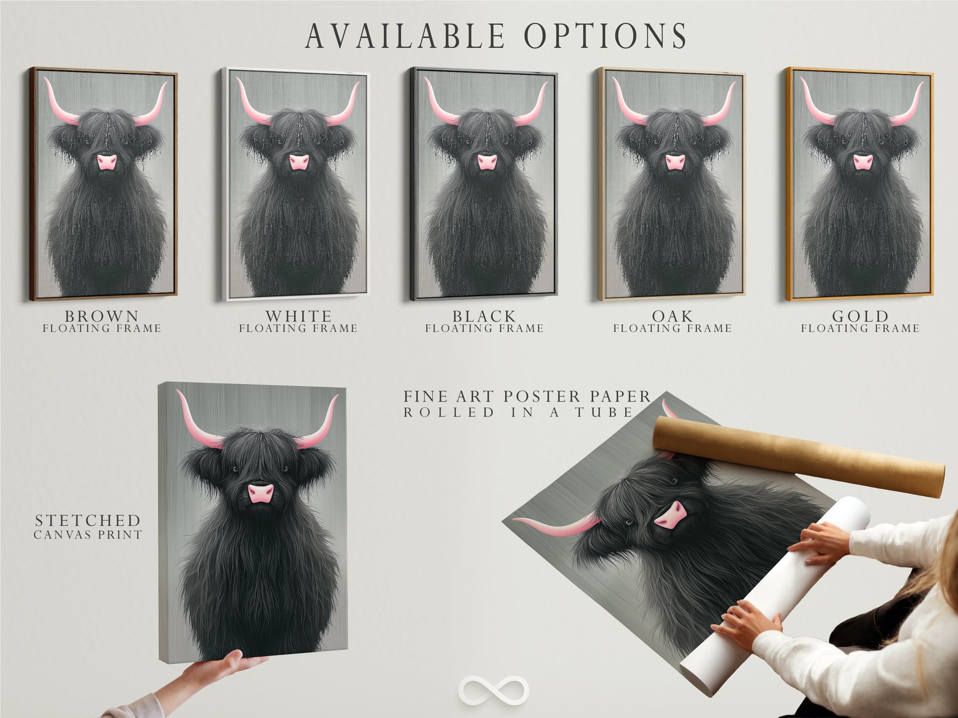 Explore available options for your Highland Cow artwork. Choose from stretched canvas prints fine art poster paper or a floating frame. Customize your artwork to match your style. Perfect for farmhouse nursery or modern decor. Create unique animal wall decor.