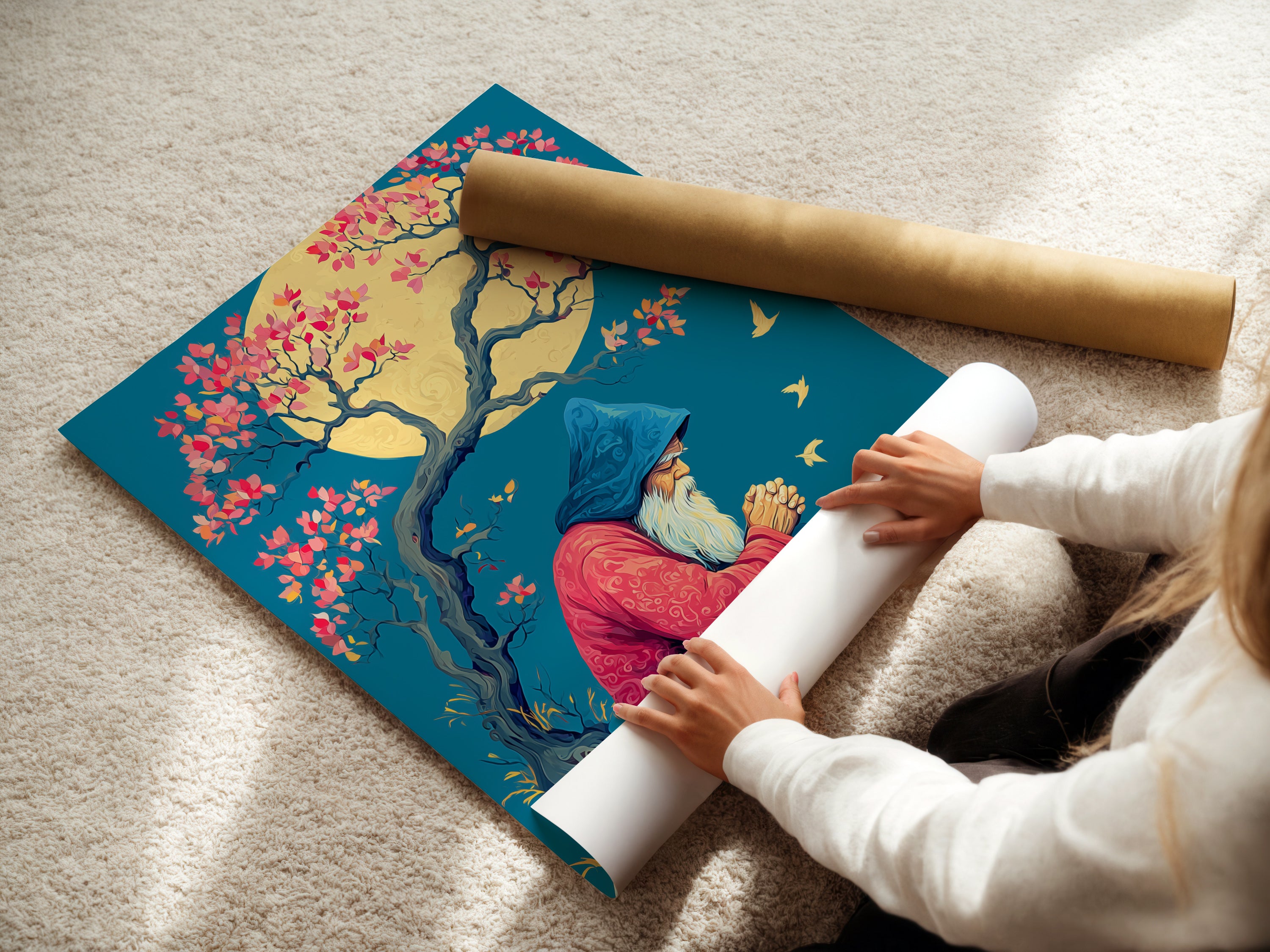 A woman rolls a fine art poster paper. The paper features a Wizard Canvas Print. It's mystical tree wall art for meditation room decor. This spiritual magic wall art is zen artwork. This serene art print is calming wall art. Blue and gold art creates a fantasy gift in mythical decor.