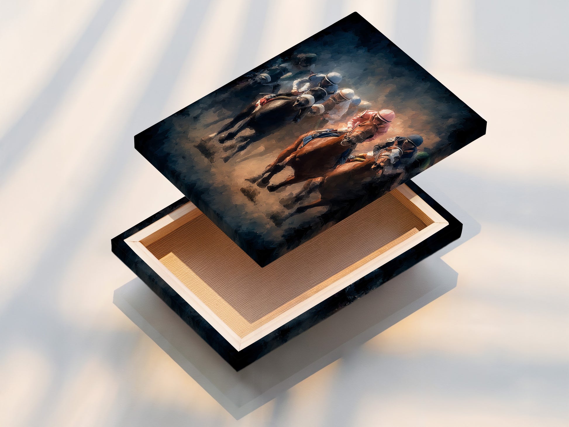 Stretched canvas print of horse racing art. The canvas is stretched to provide a gallery-ready appearance. This artwork is ready to hang and admire. Add a touch of sporting elegance to your home