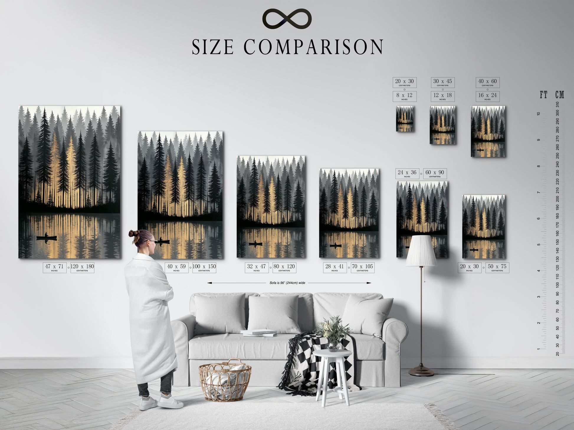 A size comparison chart is displayed in an interior setting. It helps visualize the perfect fit for your forest lake artwork. Choose from various sizes to suit your space and style. The canoeing art and nature wall art will transform your home or office decor.