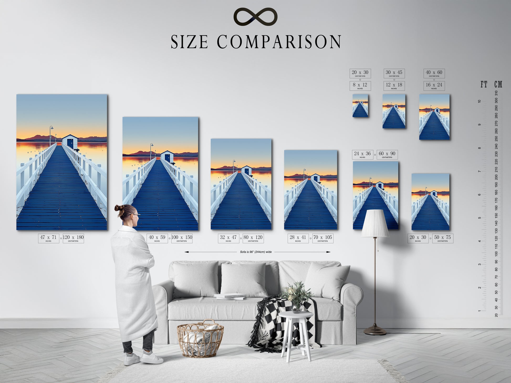 Explore the size comparison chart in an interior setting. Visualize dock sunset artwork dimensions. See how the blue pier wall art fits in your home. Find the perfect size for your coastal scenery photography.