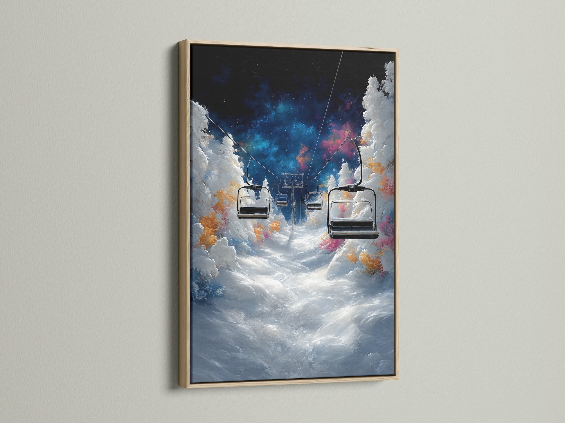 Enhance your home with this captivating ski lift art. The oak frame adds warmth and character to the artwork. Ideal for living rooms bedrooms and ski lodges. The piece brings a touch of alpine charm to any space.