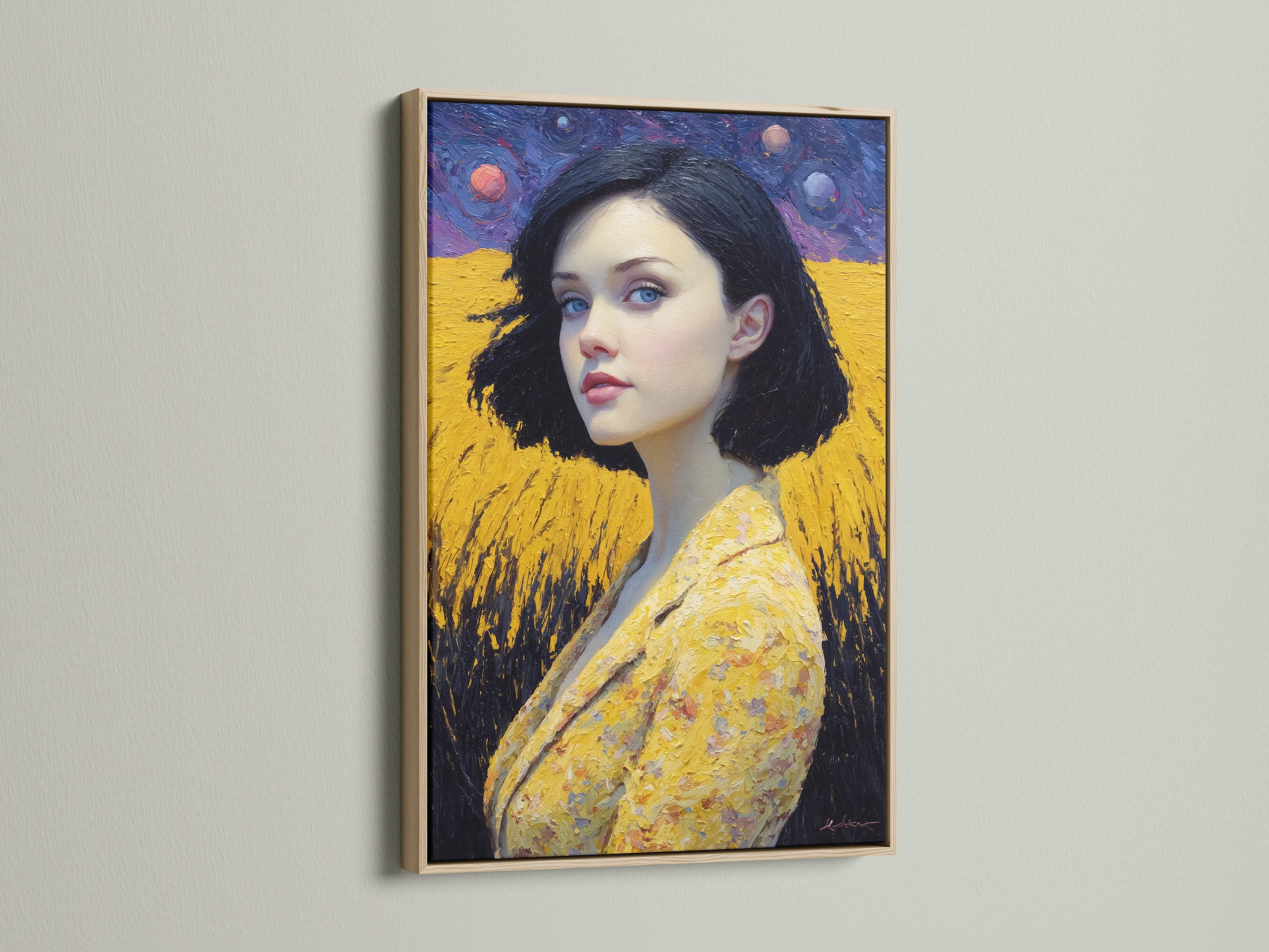 A stunning angel wings portrait canvas in an oak frame. The golden yellow art and modern female figure create a contemporary look. This piece enhances bedroom decor with its unique style. The figurative art and spiritual wall art make it a perfect addition to any space. It is ideal for homeowners and renters.