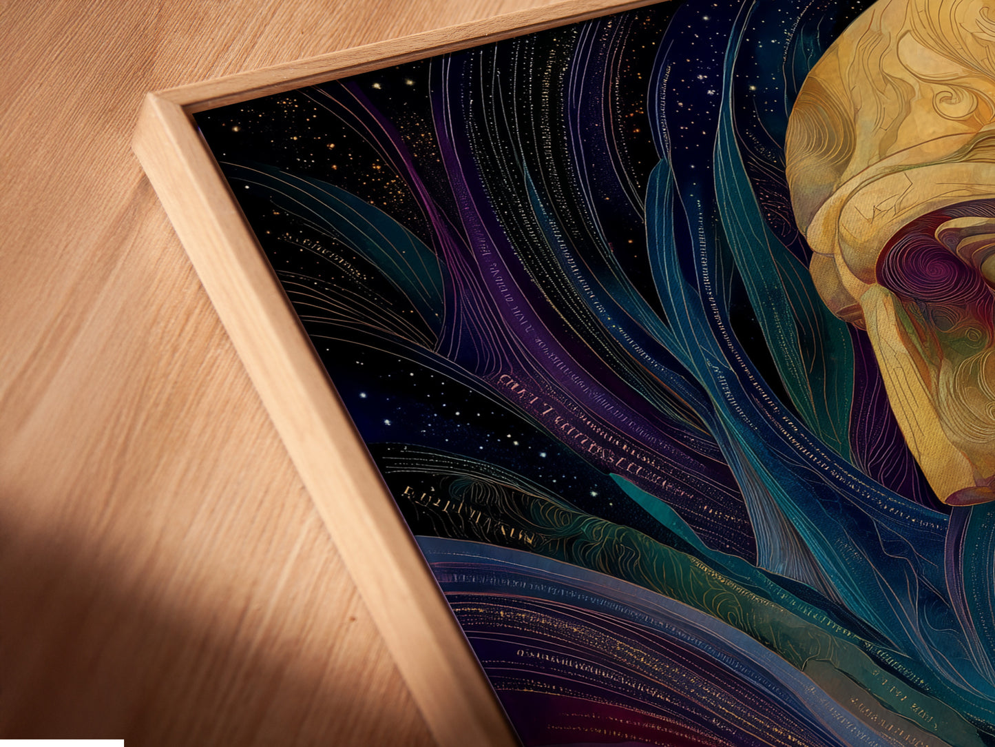 This is an angled close up of a canvas print artwork in a floating frame. The artwork features a colorful abstract face. The artwork would be great as psychedelic digital art for modern office decor. The style is contemporary