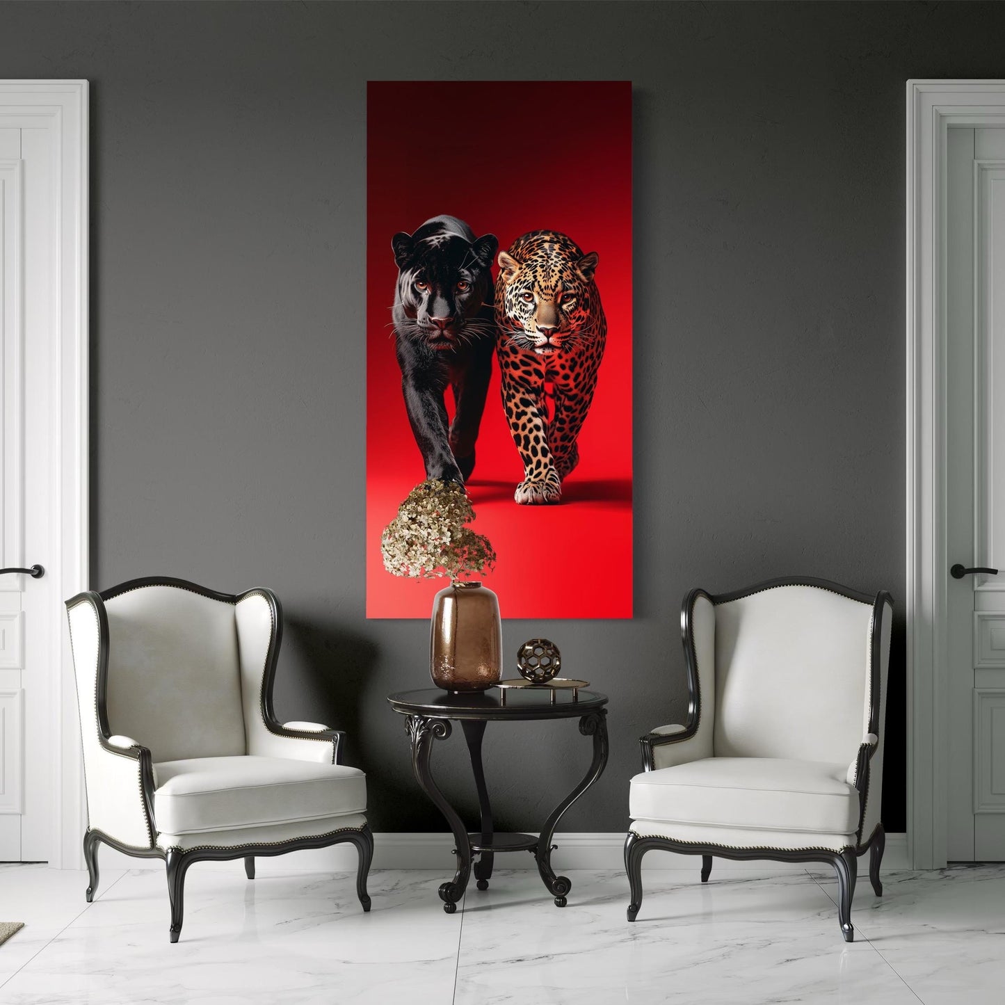 Black Panther & Leopard Wall Art - Vibrant Red Wildlife Canvas Art, Contemporary Art Print, Wildlife Photography Print, Wild Big Cat Art