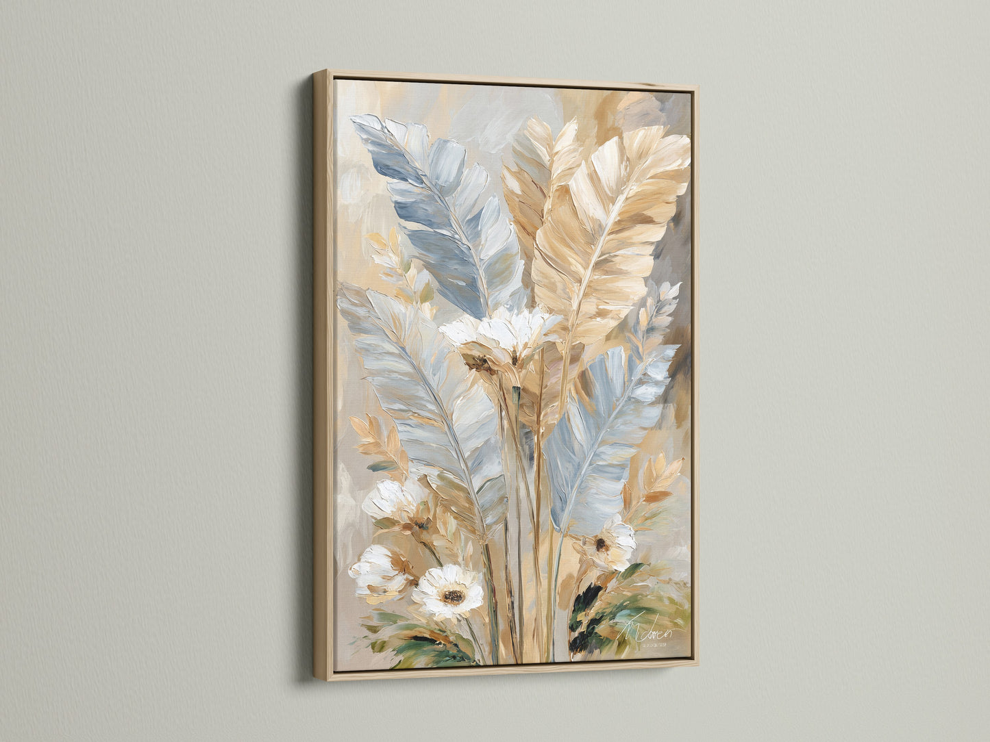 Feather wall art in an oak frame. Neutral canvas art brings a touch of nature indoors. The botanical print is perfect as soft wall decor. Feathers artwork enhances living spaces. The oak frame is a classic choice for this feather art.