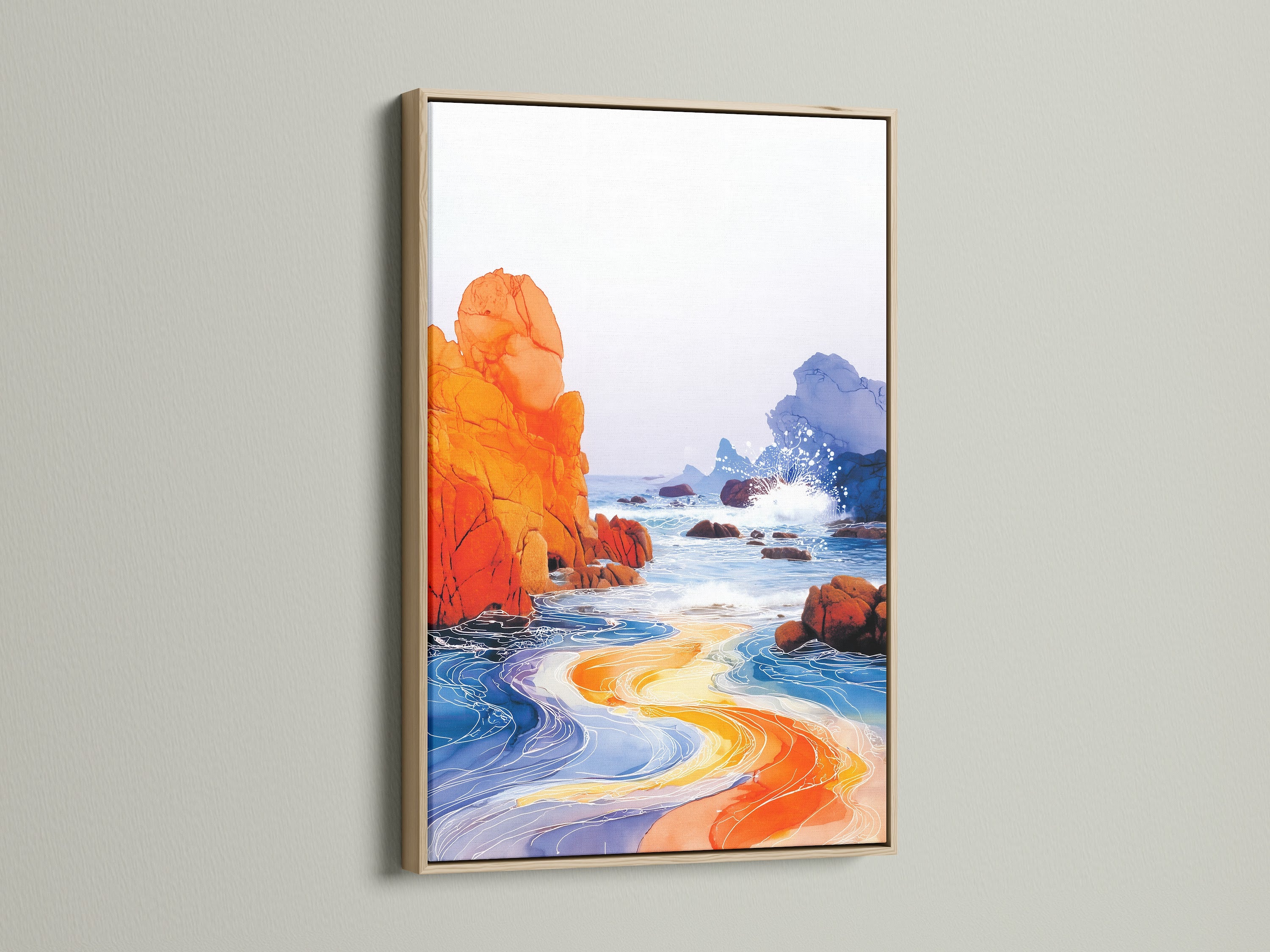 This is an oak frame displaying coastal wall art. The orange and blue ocean artwork brings a modern beach landscape to your space. This seascape wall decor is ideal for living rooms or bedrooms. Shop now to bring the coast home