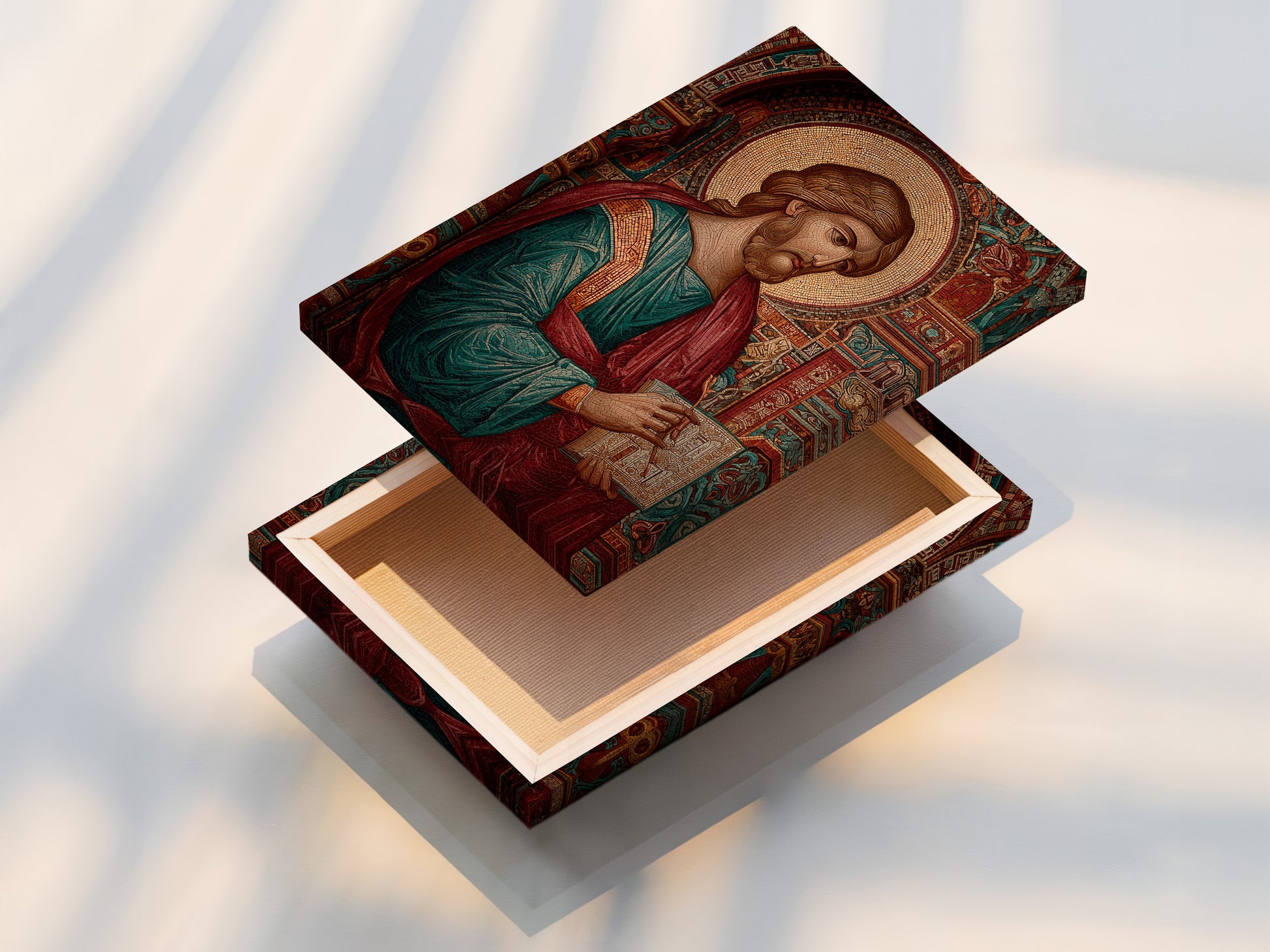 A stretched canvas print is shown up close. The canvas texture enhances the artwork. The artwork features a mosaic-style depiction of a religious figure. Bring art to life with our canvas prints.