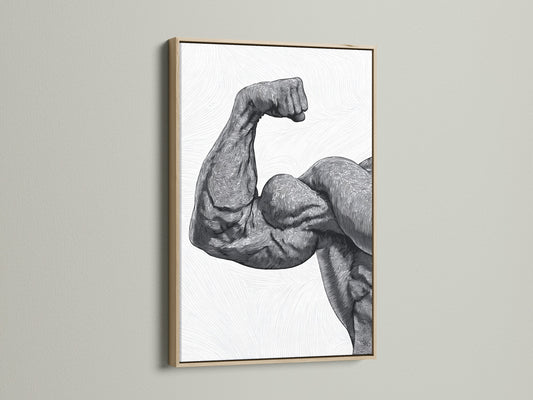 A striking artwork of a flexing arm is presented in a natural oak frame. The oak frame adds warmth and elegance to this piece. Perfect for adding a touch of sophistication to any room. Explore our selection of framed artwork. Find the ideal piece to express your personal style. High-quality prints and frames available.