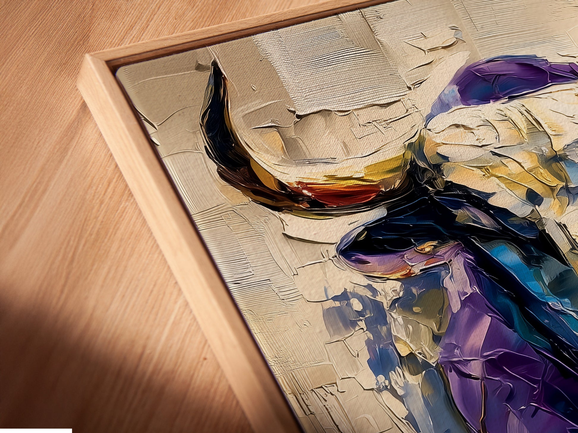 This is a close-up shot of a canvas print in a floating frame. The floating frame gives the artwork a modern and sophisticated look. The artwork is printed on high-quality canvas. The colors are vibrant and true to life. The piece is sure to impress your guests.