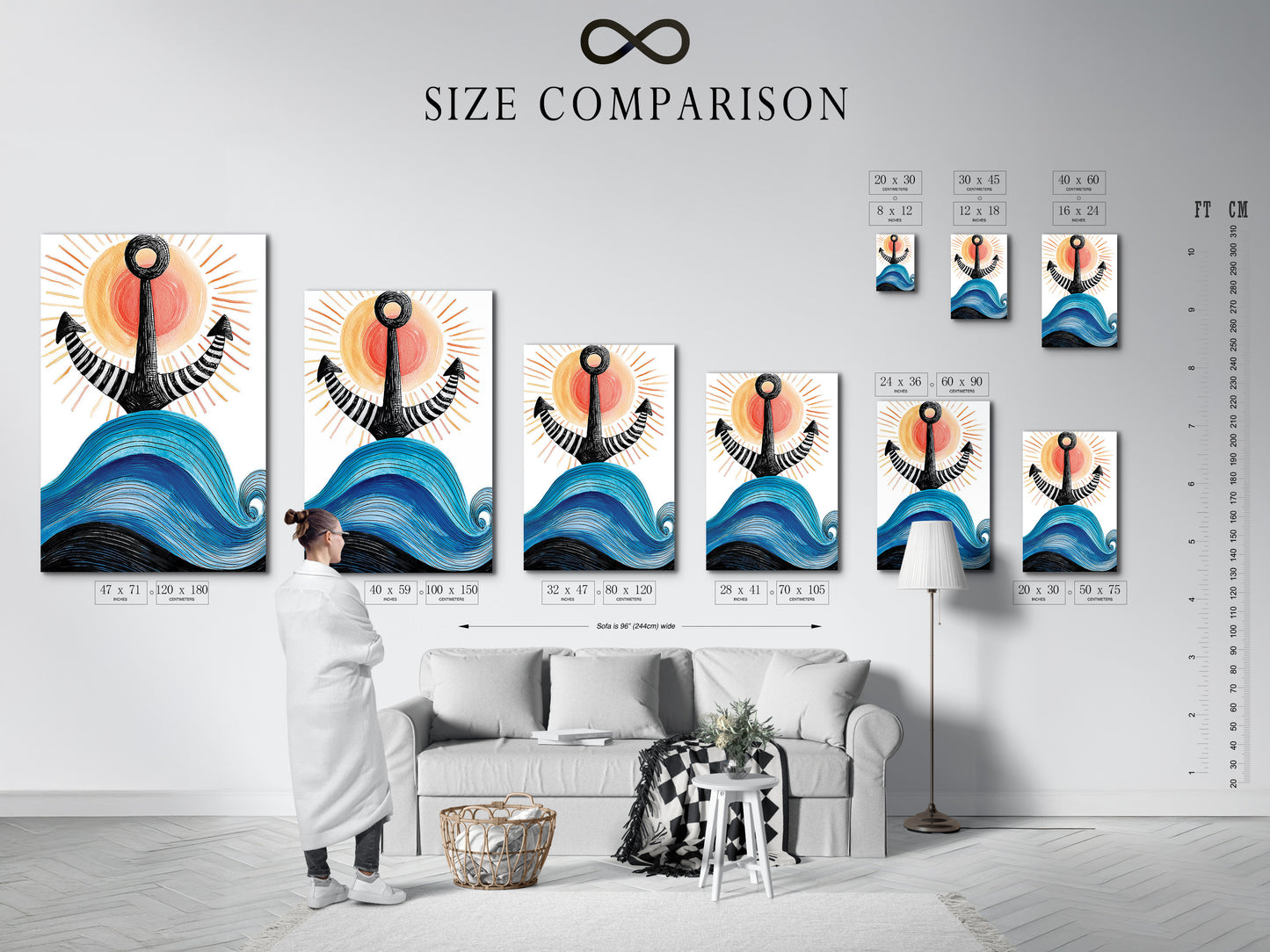 A size comparison chart in an interior setting. This helps you visualize the artwork in different sizes. Choosing the right size ensures the artwork fits your space perfectly. This size chart is helpful for planning your wall decor. Find the ideal dimensions for your living room bedroom or office. Make your artwork selection with confidence.