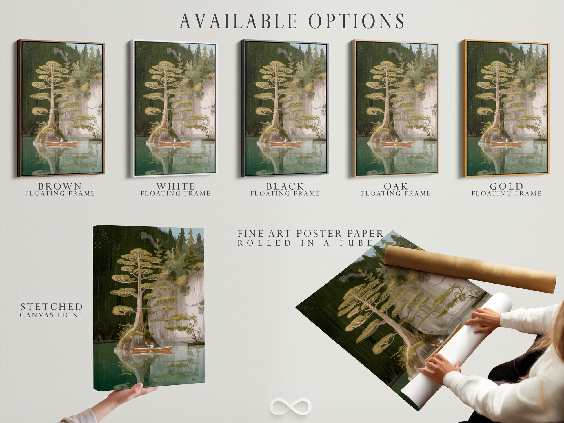 Explore the available options for the Lake and Canoe artwork. Choose from a stretched canvas print fine art poster paper or floating frame. Find the perfect format to suit your style and decor needs. Elevate your space with stunning rustic decor.