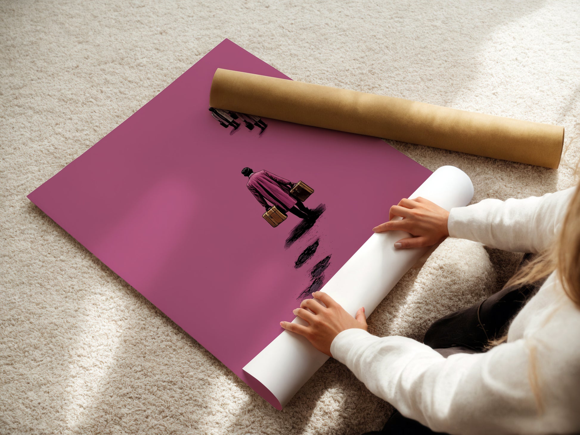 A woman is carefully rolling a fine art poster paper. The paper will be used for a surreal pink artwork. This minimalist artwork will add a contemporary touch. The modern abstract poster is perfect for clinic wall art.