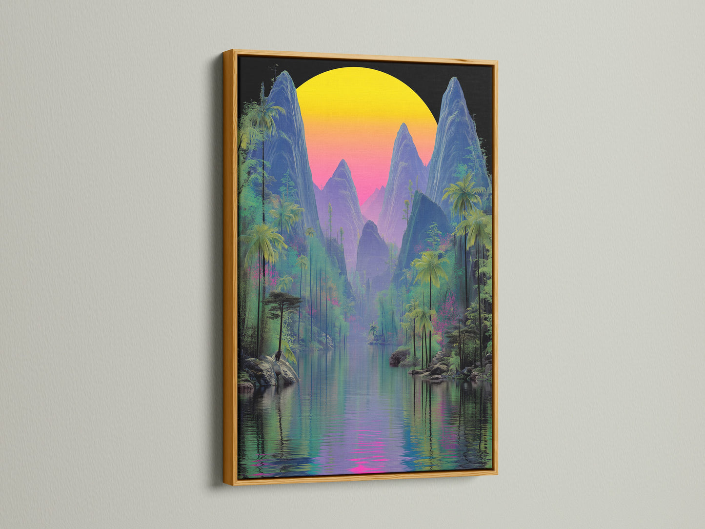 This stunning tropical print is beautifully presented in a gold frame. The artwork showcases a vaporwave sunset over a mountain landscape. The cyberpunk decor elements add a modern touch. Bring the summer indoors with this nature wall art.