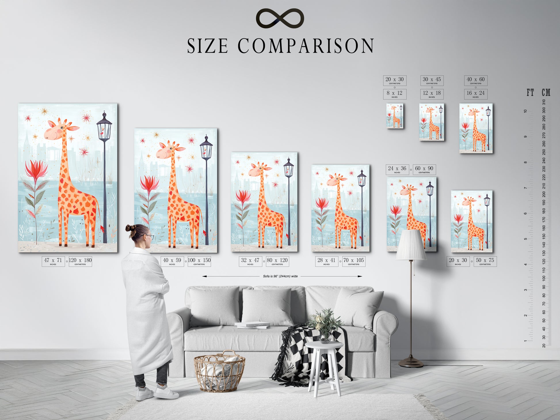 A size comparison chart shows the giraffe art print in various interior settings. Visualize the perfect size for your nursery wall art. The chart helps you choose the right dimensions for your kids canvas print. Shop now.