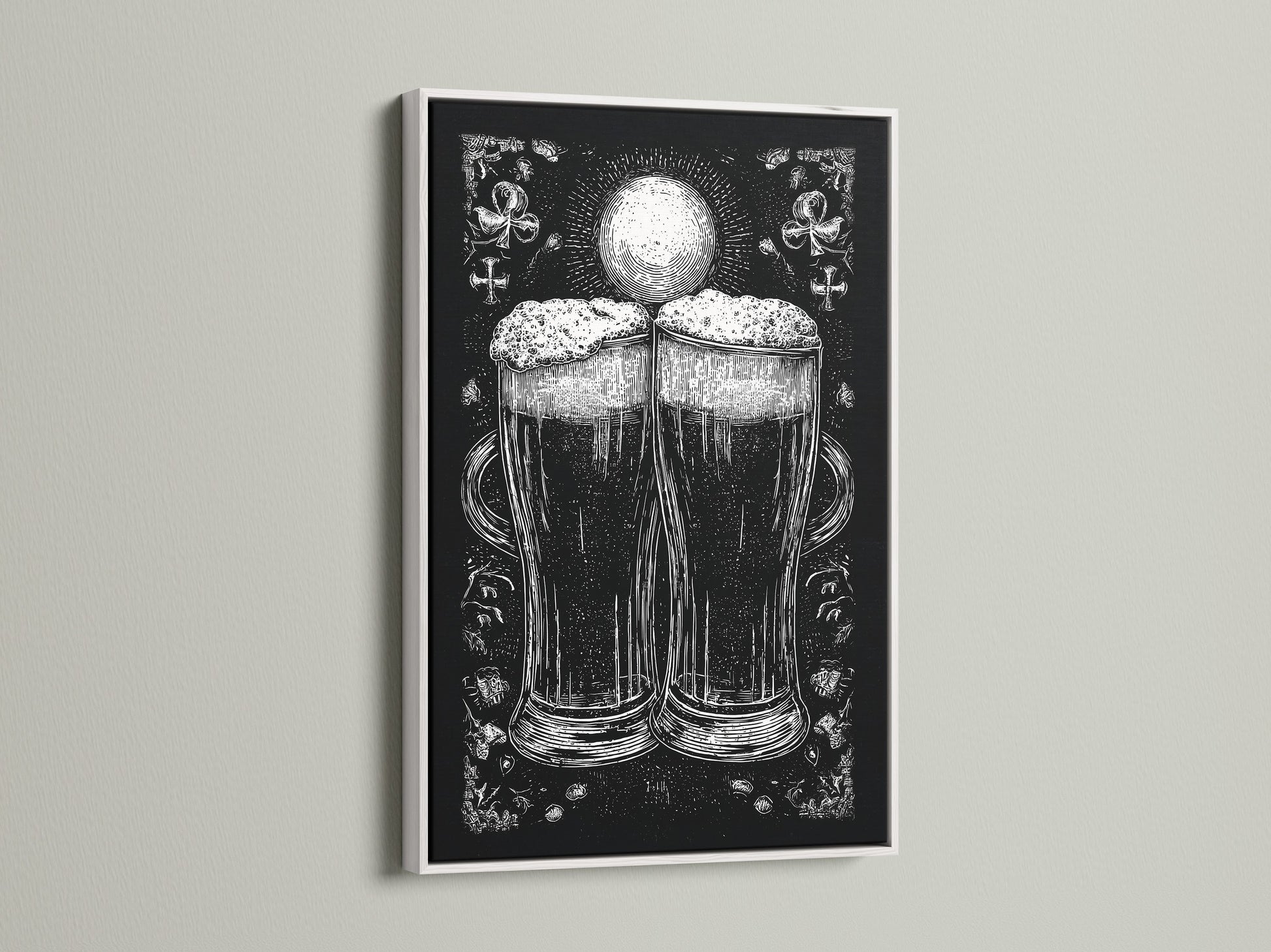 A framed artwork is on display. The art is in a white frame. The artwork features a monochromatic illustration of two beer glasses. The beer glasses are the focal point.  The print adds a touch of elegance to any room. The white frame provides a clean look.
