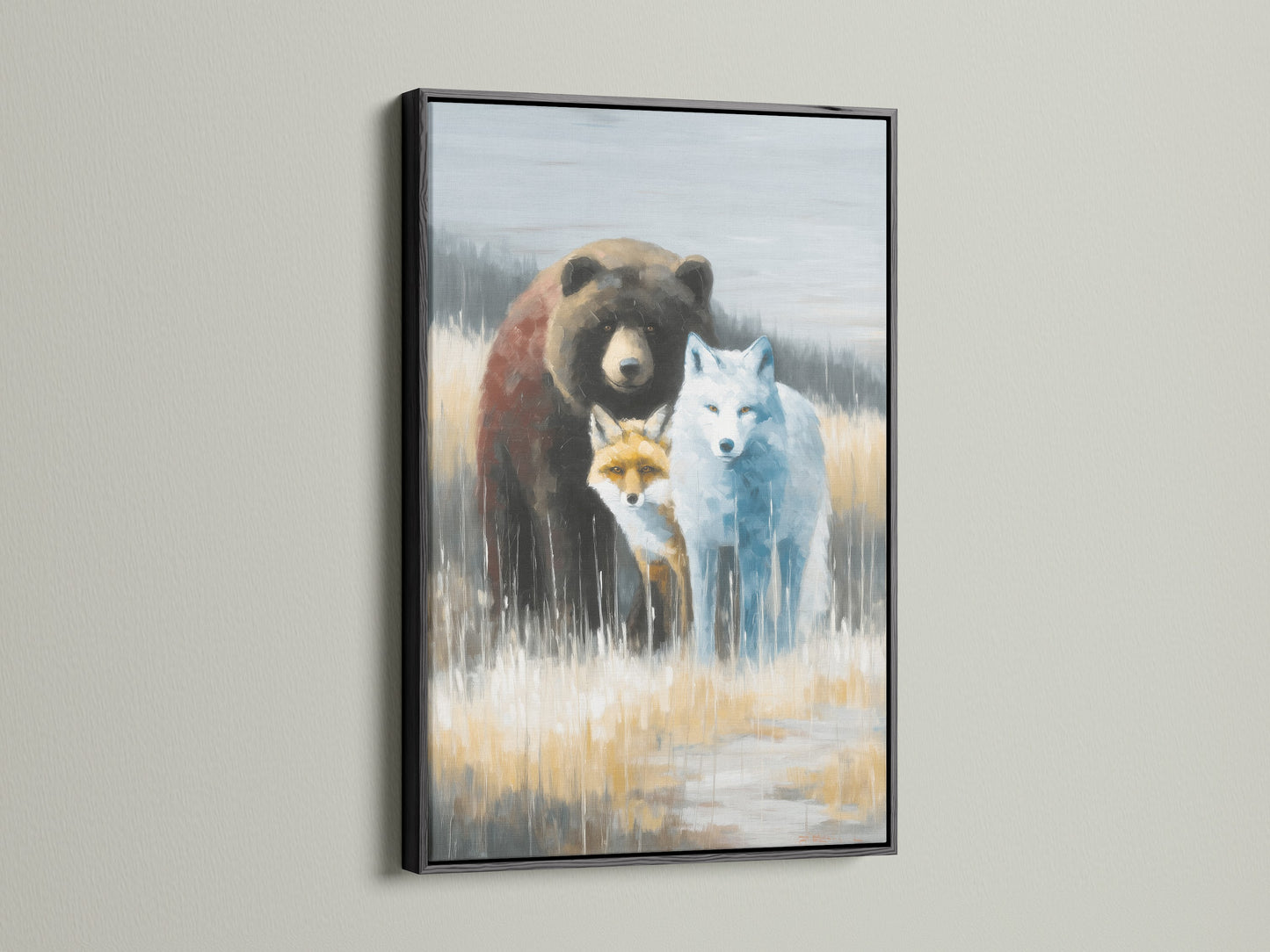 Wildlife Trio artwork in a black frame. This animal canvas features a bear fox and wolf. The neutral tones are perfect for cabin decor. Add rustic charm with unique animal-themed wall art. Great for lodges and rustic-style offices.