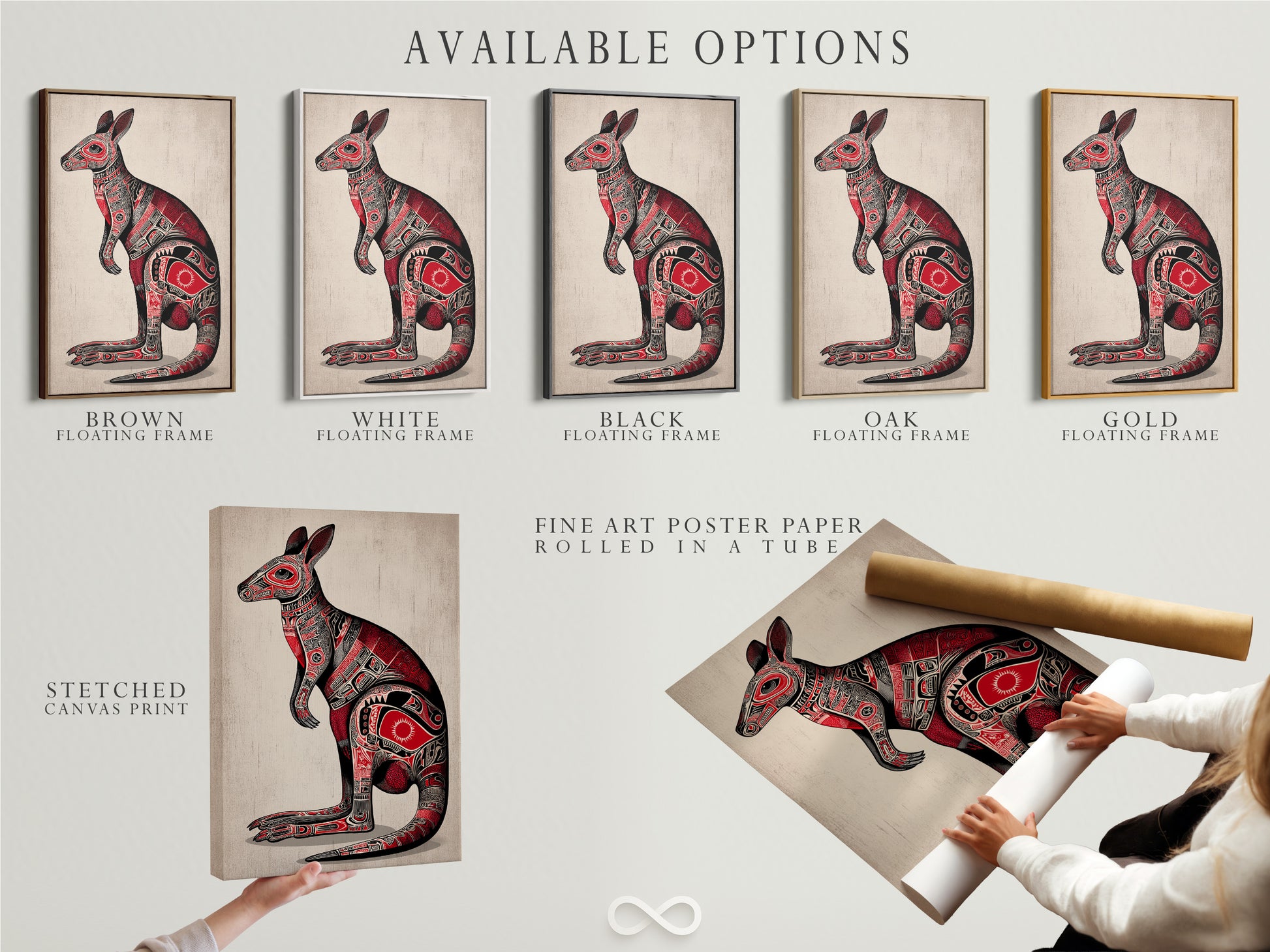 Available options for the Aboriginal Kangaroo artwork are displayed. Choose from stretched canvas prints fine art poster paper and floating frames. Customize your art to fit your style. Add a touch of indigenous Australian wall art to your space.