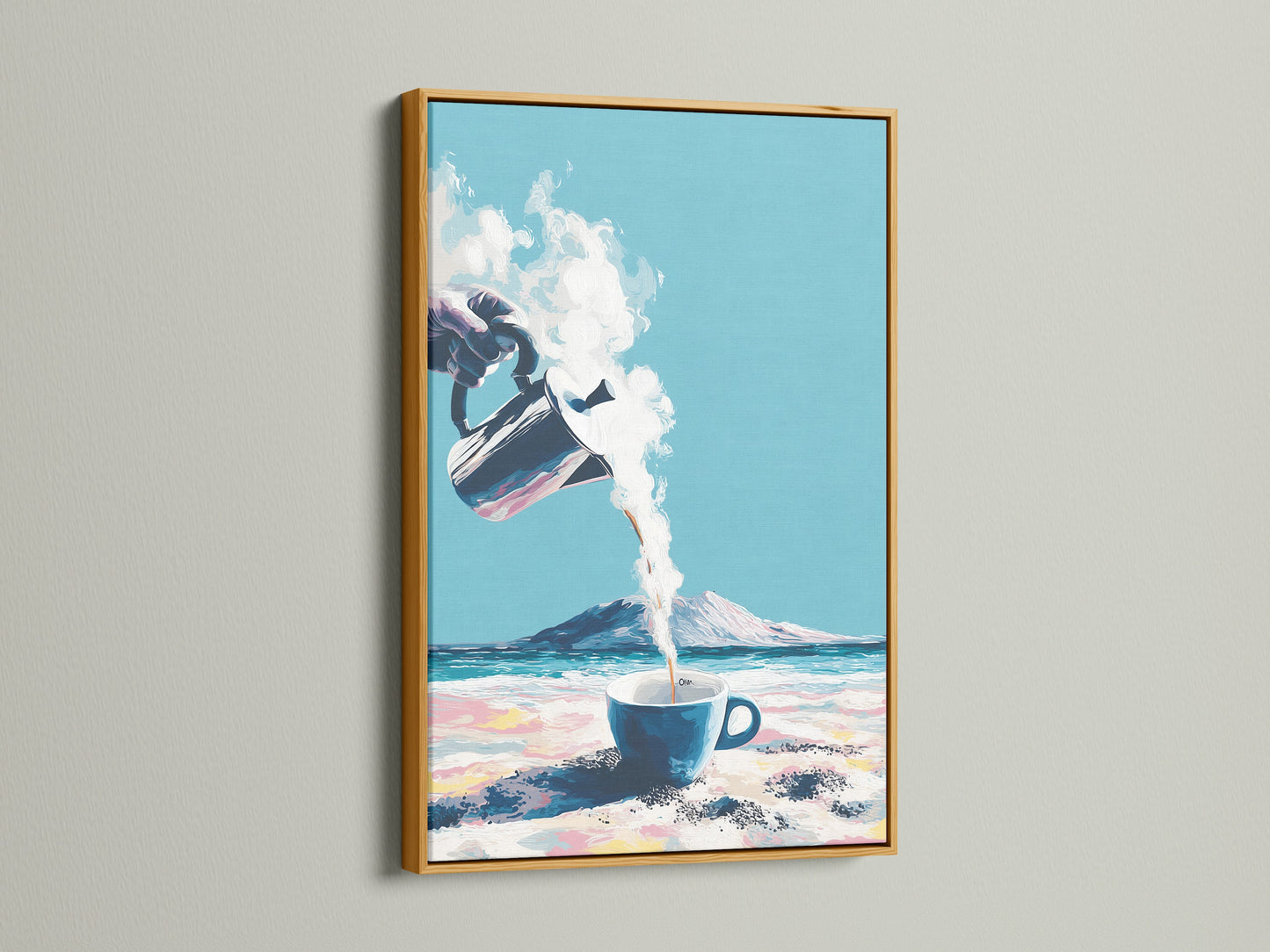 Coastal Coffee artwork with a gold frame. Elevate your space with this beach canvas art. The golden frame adds a touch of luxury. Perfect for studios lobbies and clinics. A coastal masterpiece for any setting.