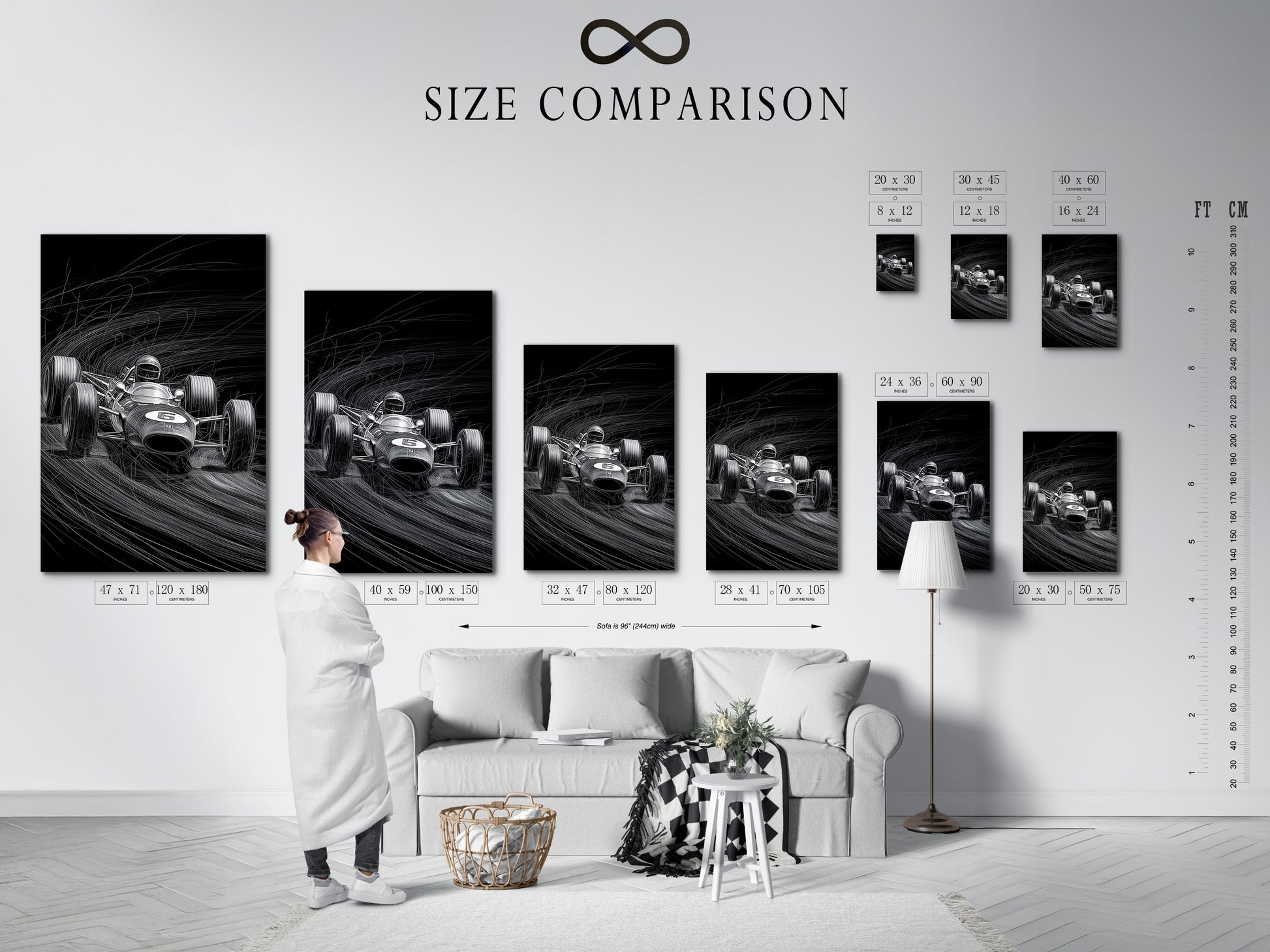 A size comparison chart is displayed in an interior setting. The chart helps visualize different artwork sizes. See how various sizes will fit in your space. Choose the perfect dimensions for your art. Make an informed decision with our size chart.