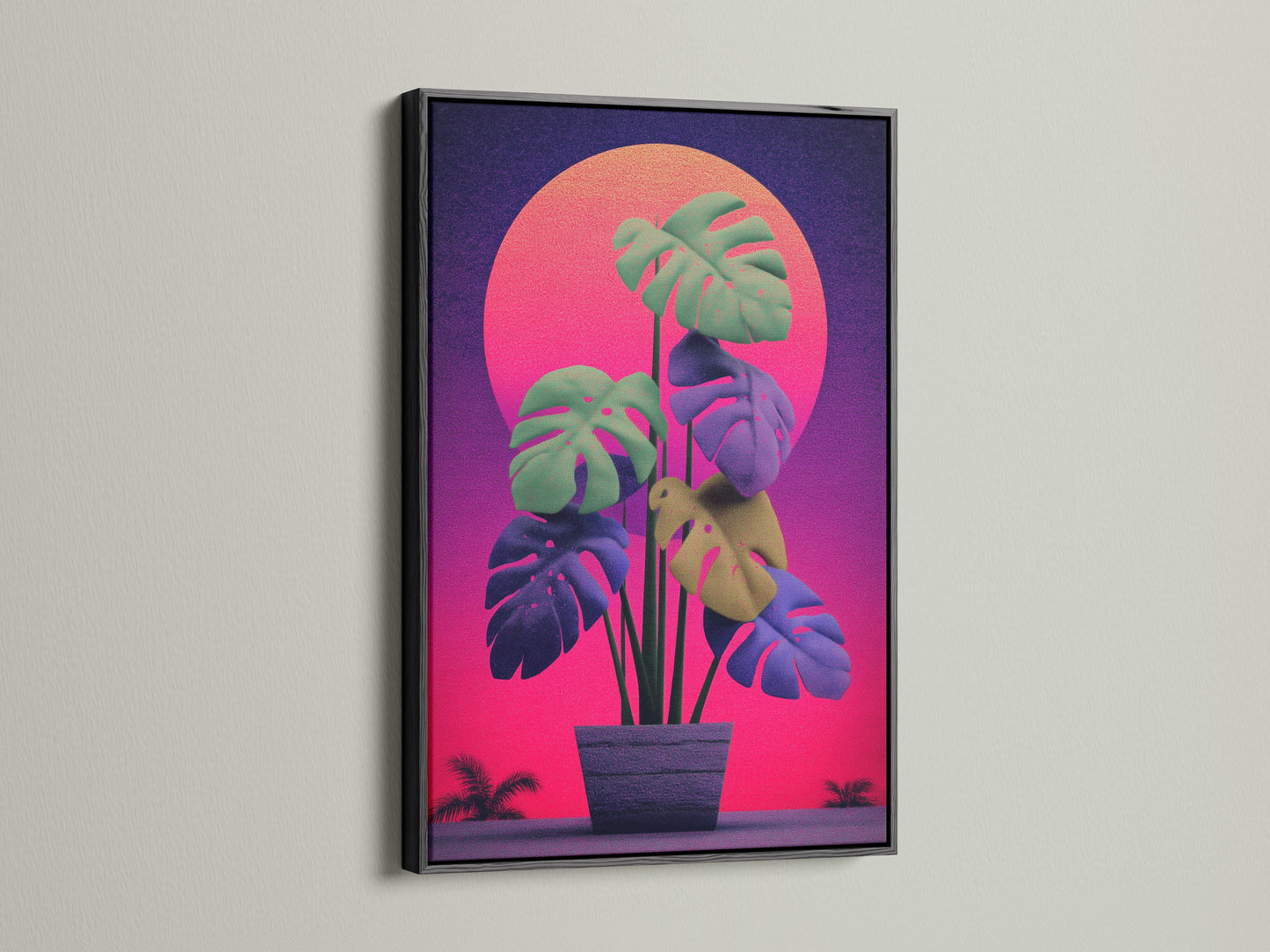 Monstera retro sunset artwork in a black frame. This botanical artwork features a retro sunset. The black frame adds a touch of sophistication. It's ideal for home office decor and living spaces.