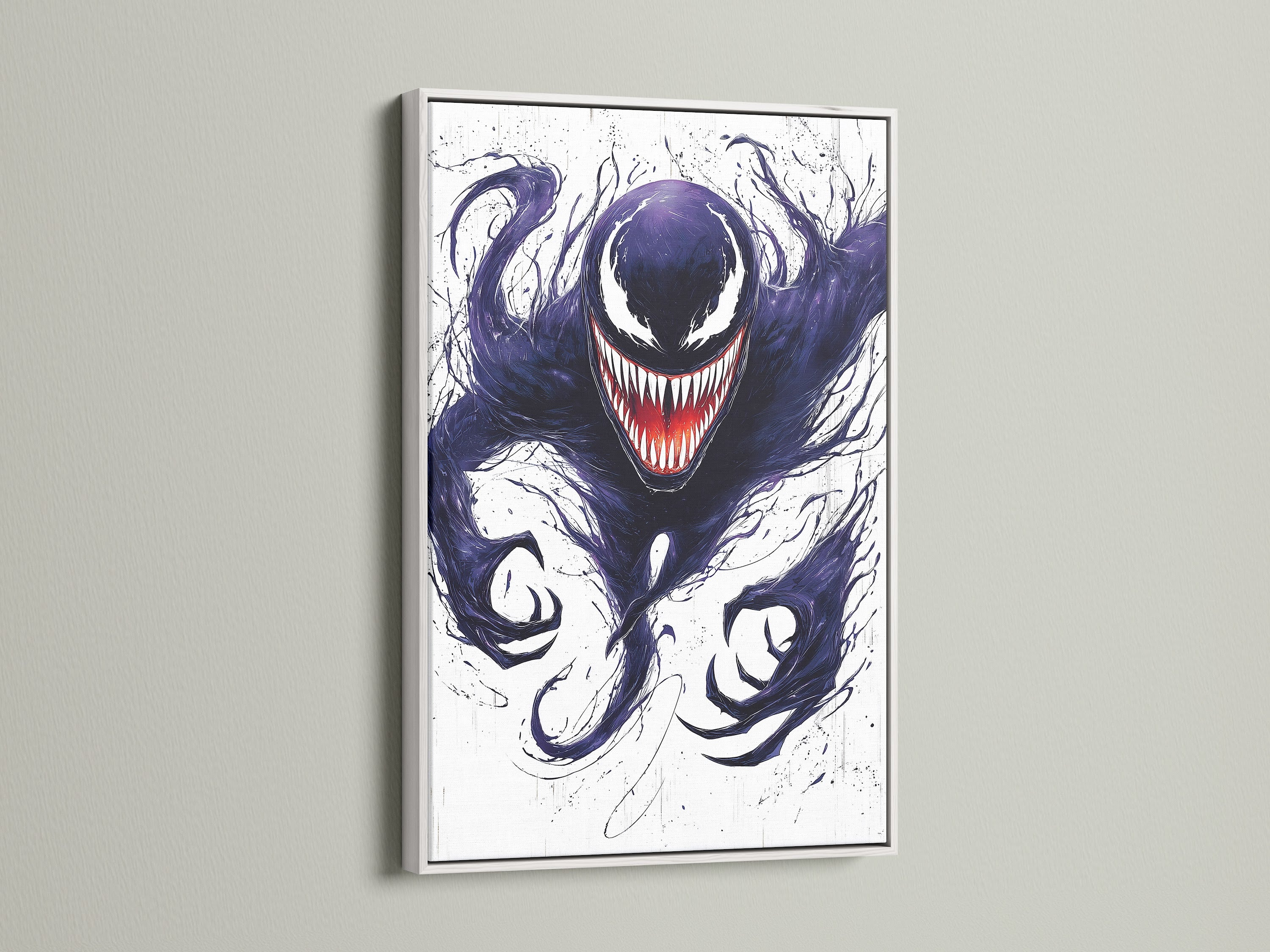 A white frame enhances this monster canvas. The symbiote inspired artwork adds a creepy touch. This gothic wall art is perfect for a game room. Its purple and black hues add dark fantasy flair.