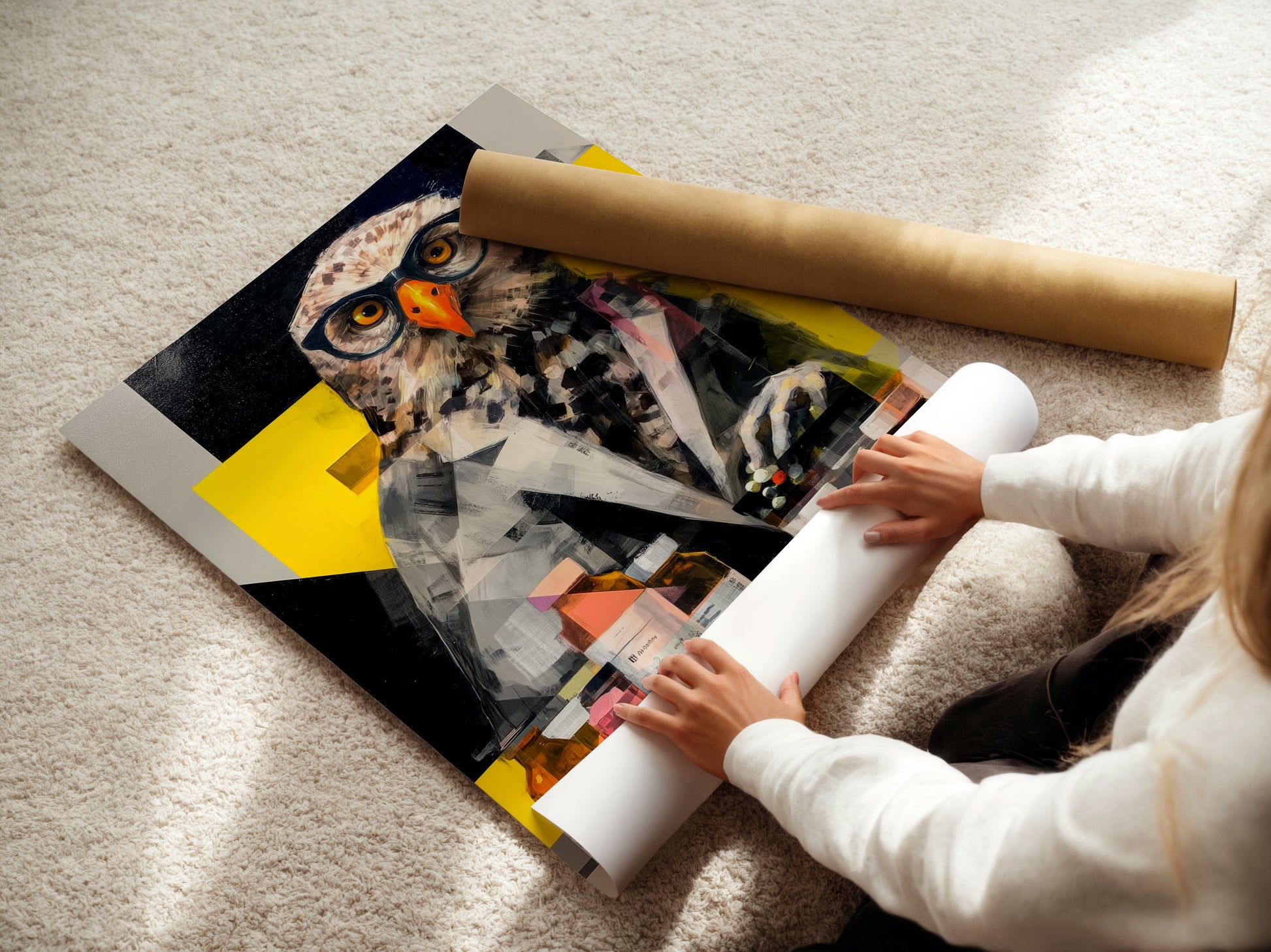 A woman carefully rolls a fine art poster paper. This poster paper is perfect for high-quality art prints. Create a stunning owl scientist art print for your space. Ideal for contemporary wildlife art in any setting. The fine art poster paper ensures vibrant colors and details.
