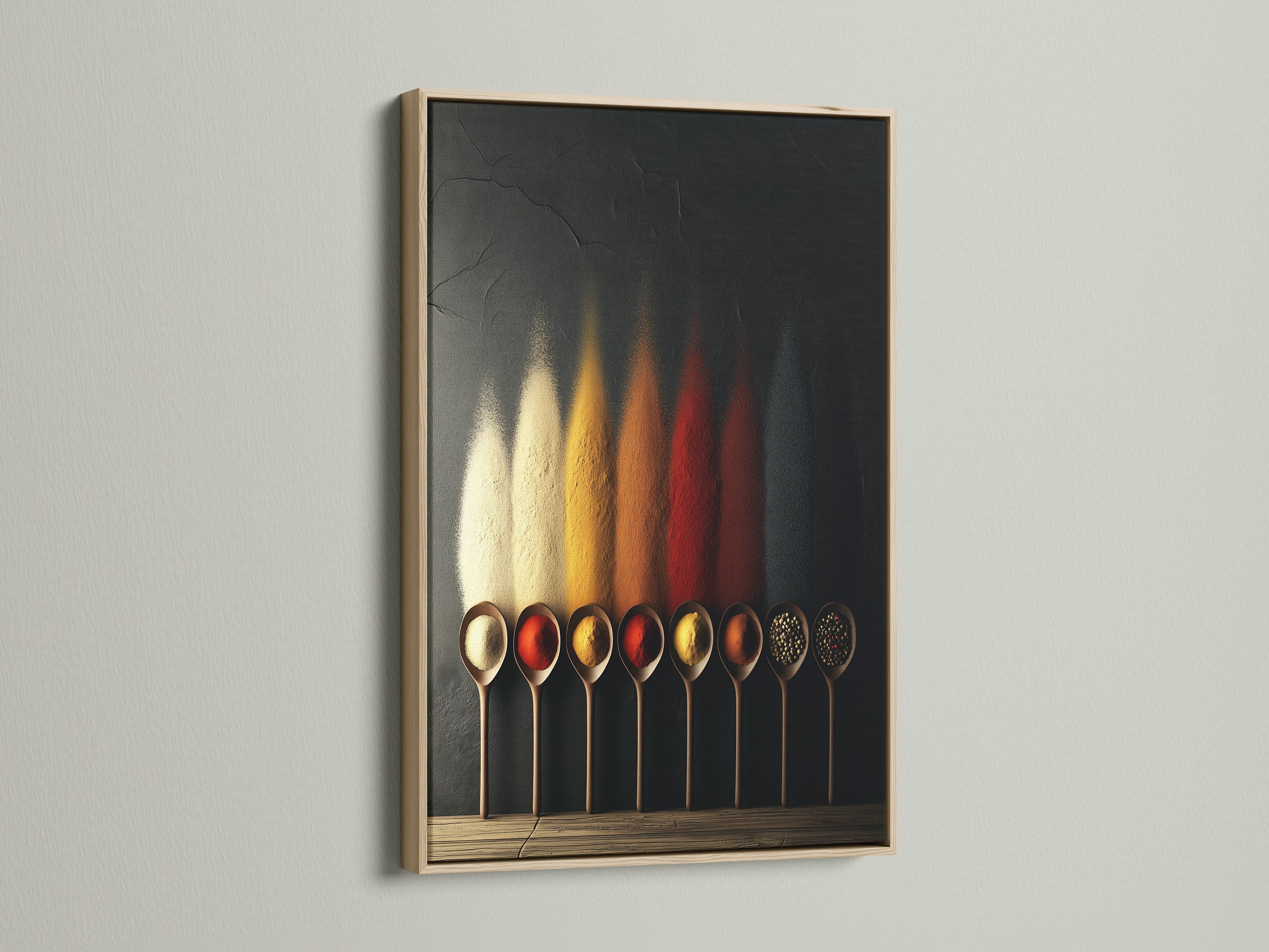 Spice Spoons culinary canvas art featuring a natural oak frame. Enhance your dining room with this foodie gift. A perfect modern kitchen artwork for chef decor. This contemporary piece complements minimalist modern or industrial styles. It's ideal for homeowners and cafe proprietors alike.