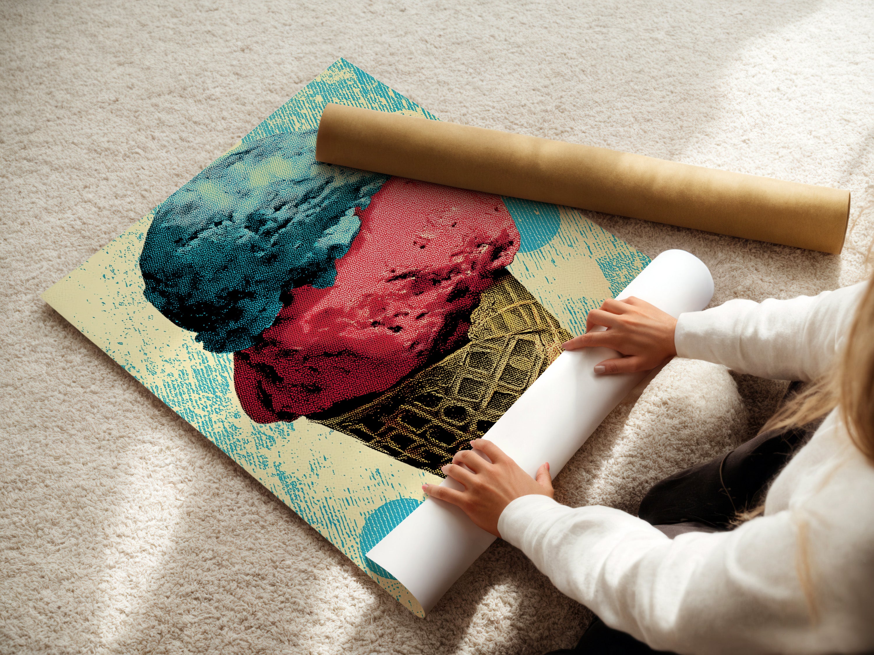 A woman carefully rolls a fine art poster paper. The art poster is handled with care. We ensures its quality and condition. High-quality materials are used for art printing. The artwork is protected during packaging.