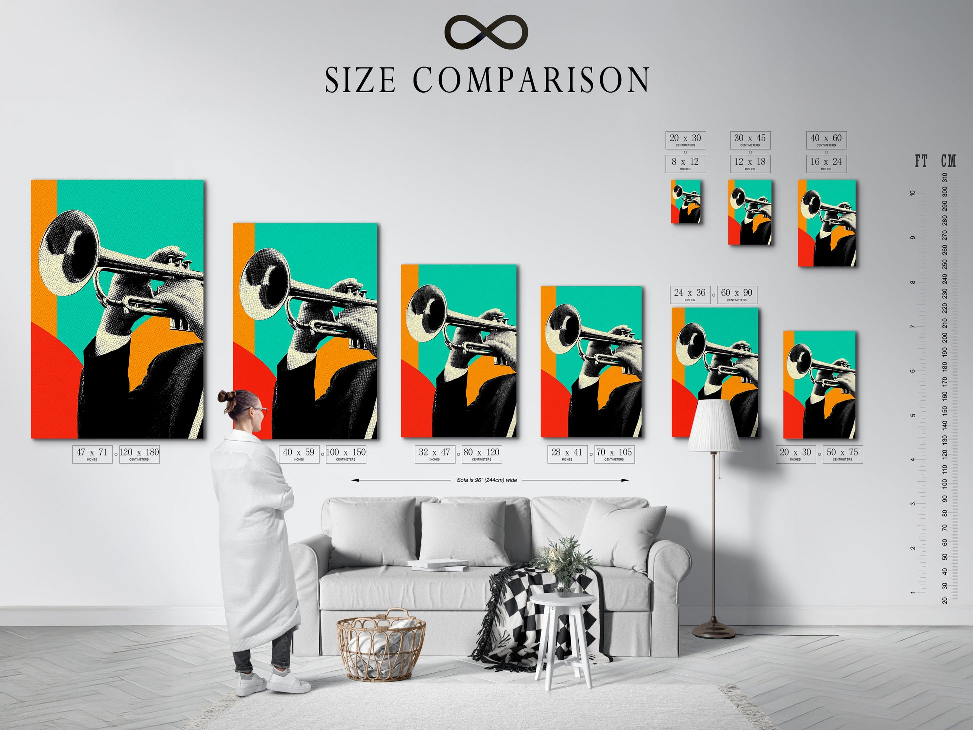 A size comparison chart is displayed in an interior setting. This helps visualize the jazz trumpet artwork in different sizes. This is perfect for planning your wall decor. Find the ideal fit for your space. Explore options for canvas prints and posters now. Make the perfect choice for your home.