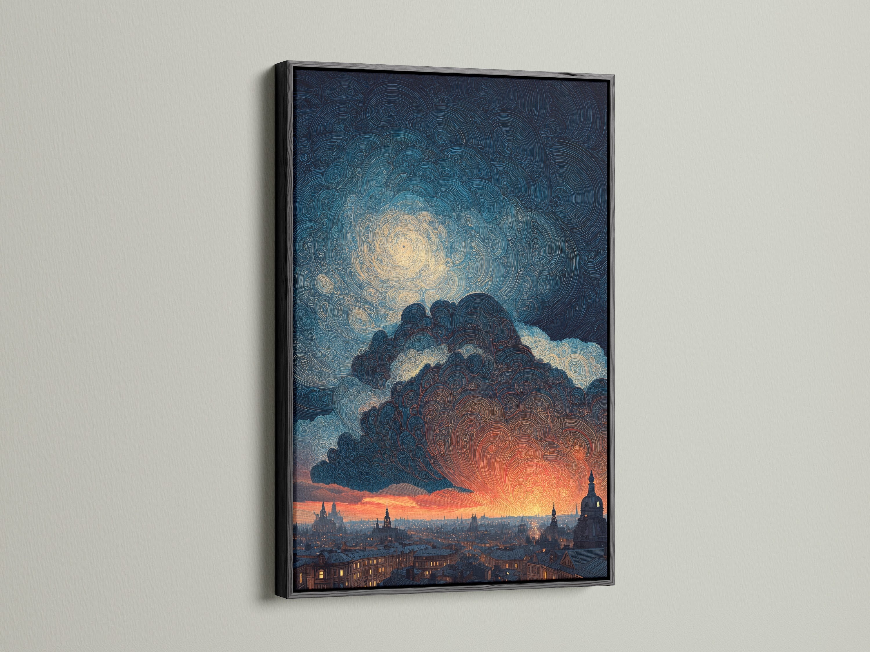 The Swirling Sky artwork presented in a black frame. The dark frame makes the colors pop. This fine art canvas features a dramatic cloudscape over a city. A black frame complements rustic industrial and eclectic styles. It is a bold choice for any room.