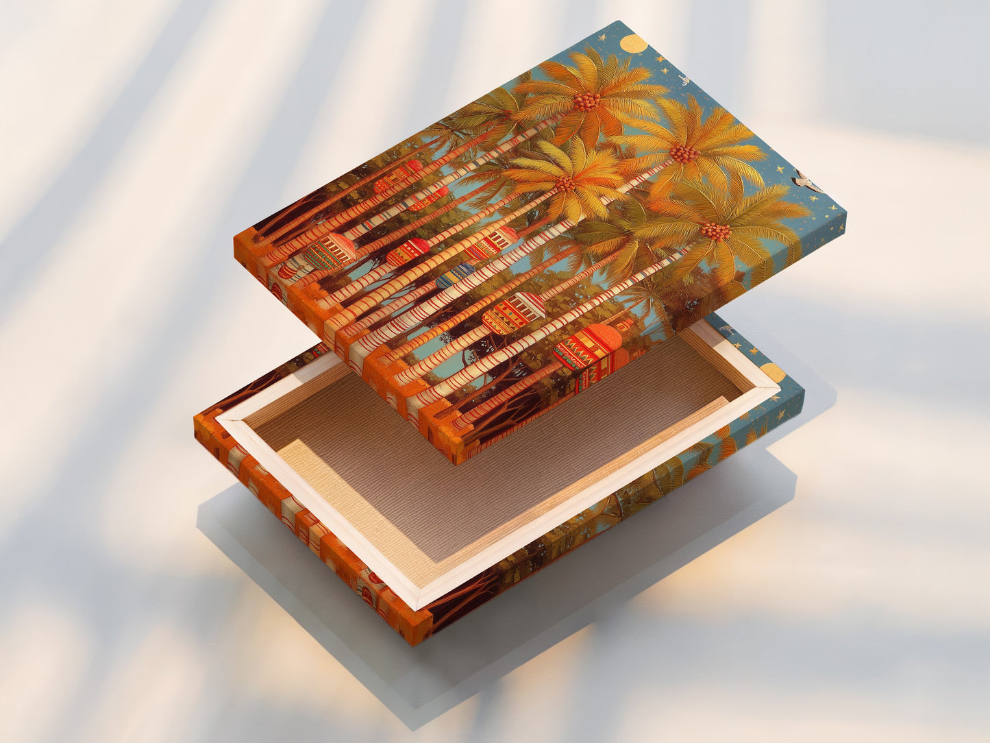 A stretched canvas print of Palm Trees. This vintage style artwork is ready to hang. Bring the tropics home with this beautiful piece. Ideal for coastal and boho aesthetics.