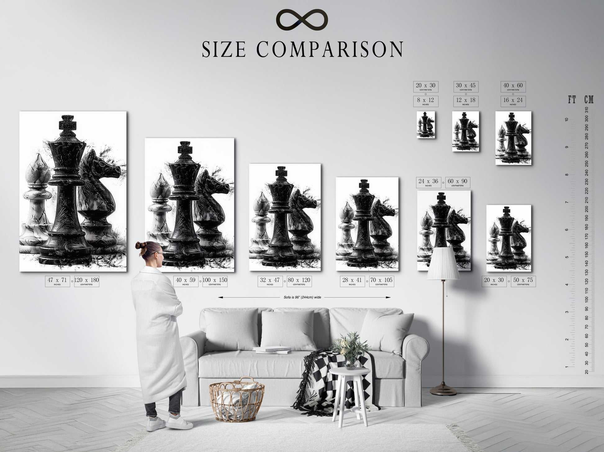 A size comparison chart is displayed in an interior setting. The chart showcases various artwork sizes. It helps visualize how each size fits in a room. This is perfect for planning your art arrangement. The chart provides a useful reference for choosing the right size. It is a helpful tool for interior decor.