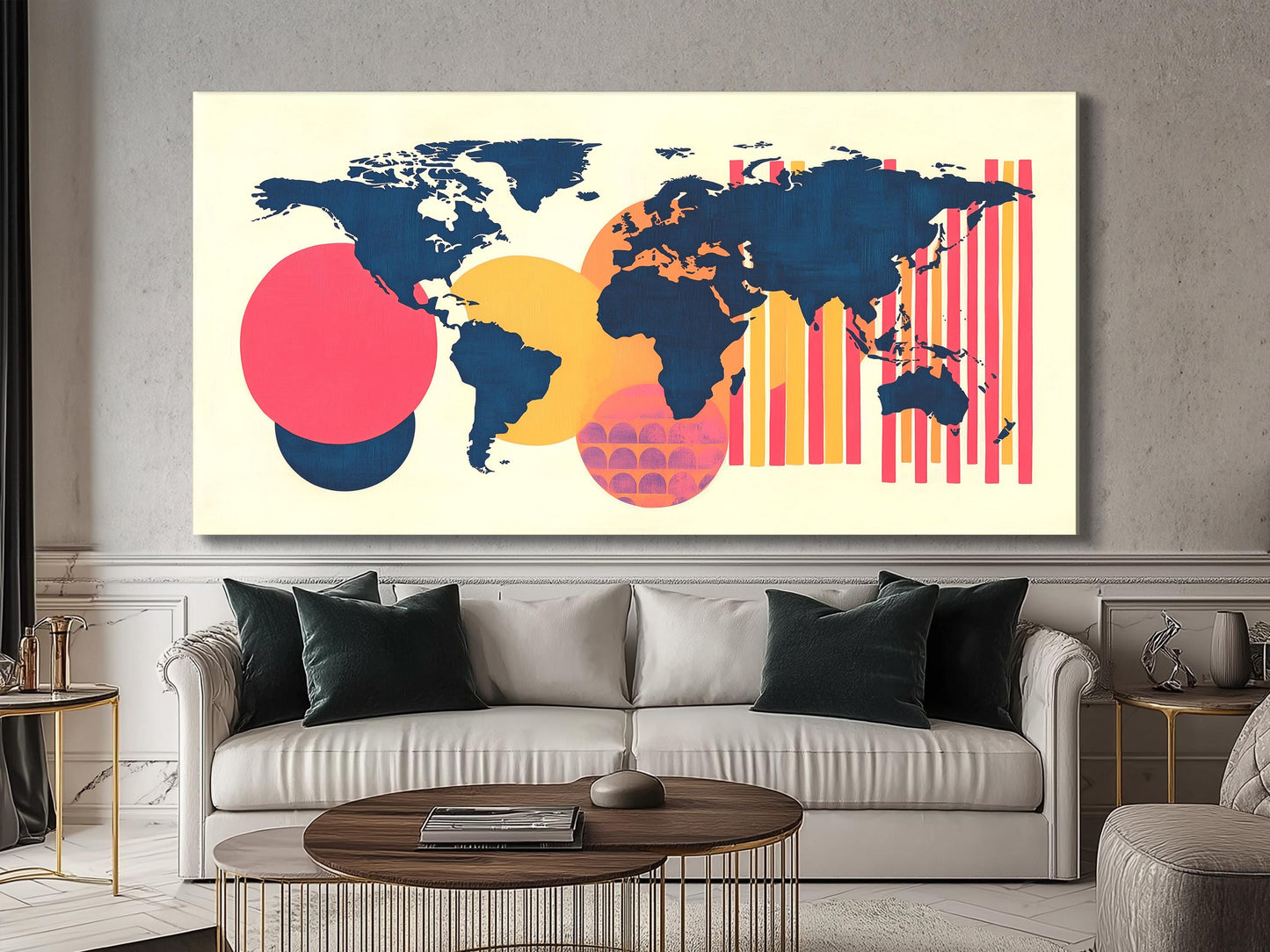 Bunte abstrakte Weltkarte auf Leinwand, moderne Wanddekoration fürs Büro, geometrische Formen, globales Kunstwerk, zeitgenössische Karte fürs Arbeitszimmer