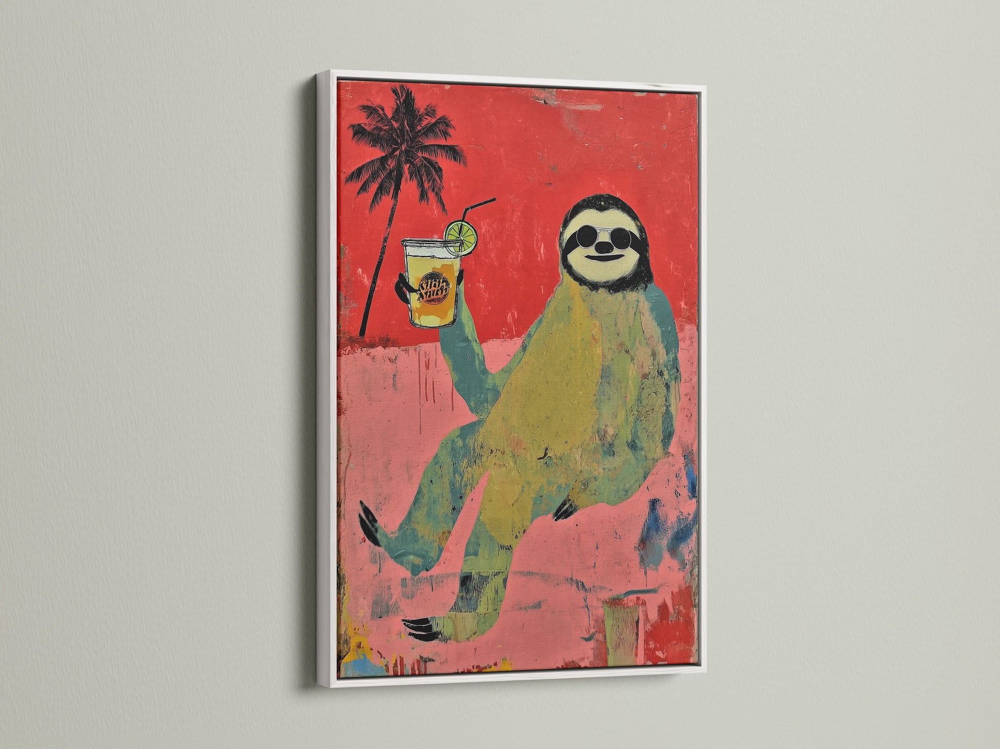 A white frame surrounds a sloth artwork creating a clean look. This funny animal art adds character to any bedroom. It is great for beach wall decor. The artwork brings a summer art prints feel.