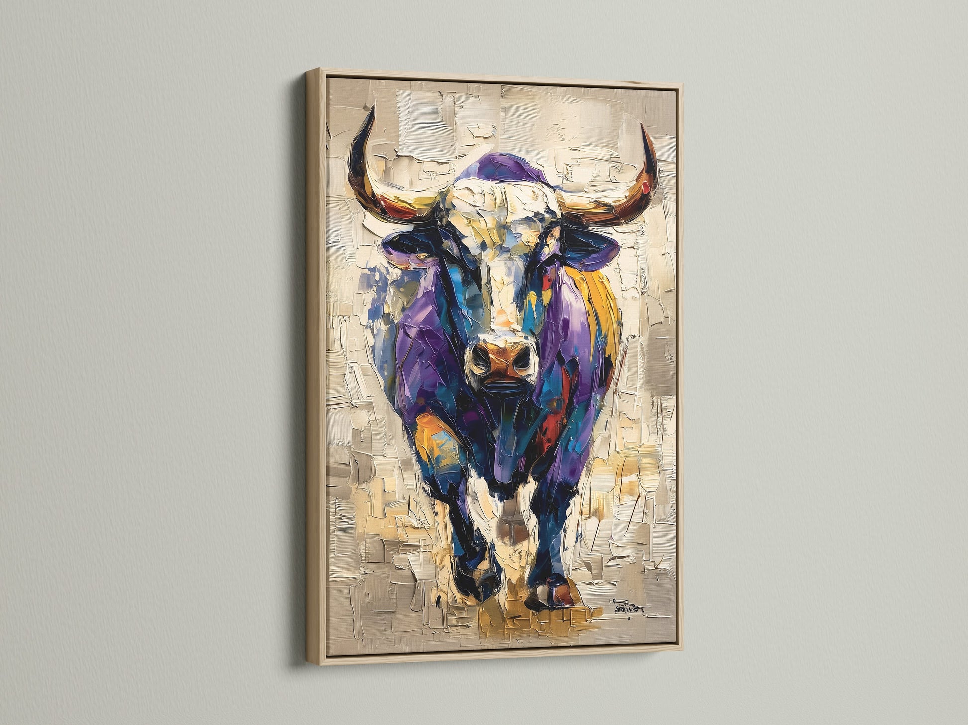 The artwork features a bull in an oak frame. The oak frame adds a touch of warmth to the piece. The bull artwork is bold and colorful. It is sure to make a statement in any room. This piece is perfect for adding personality to your home decor.