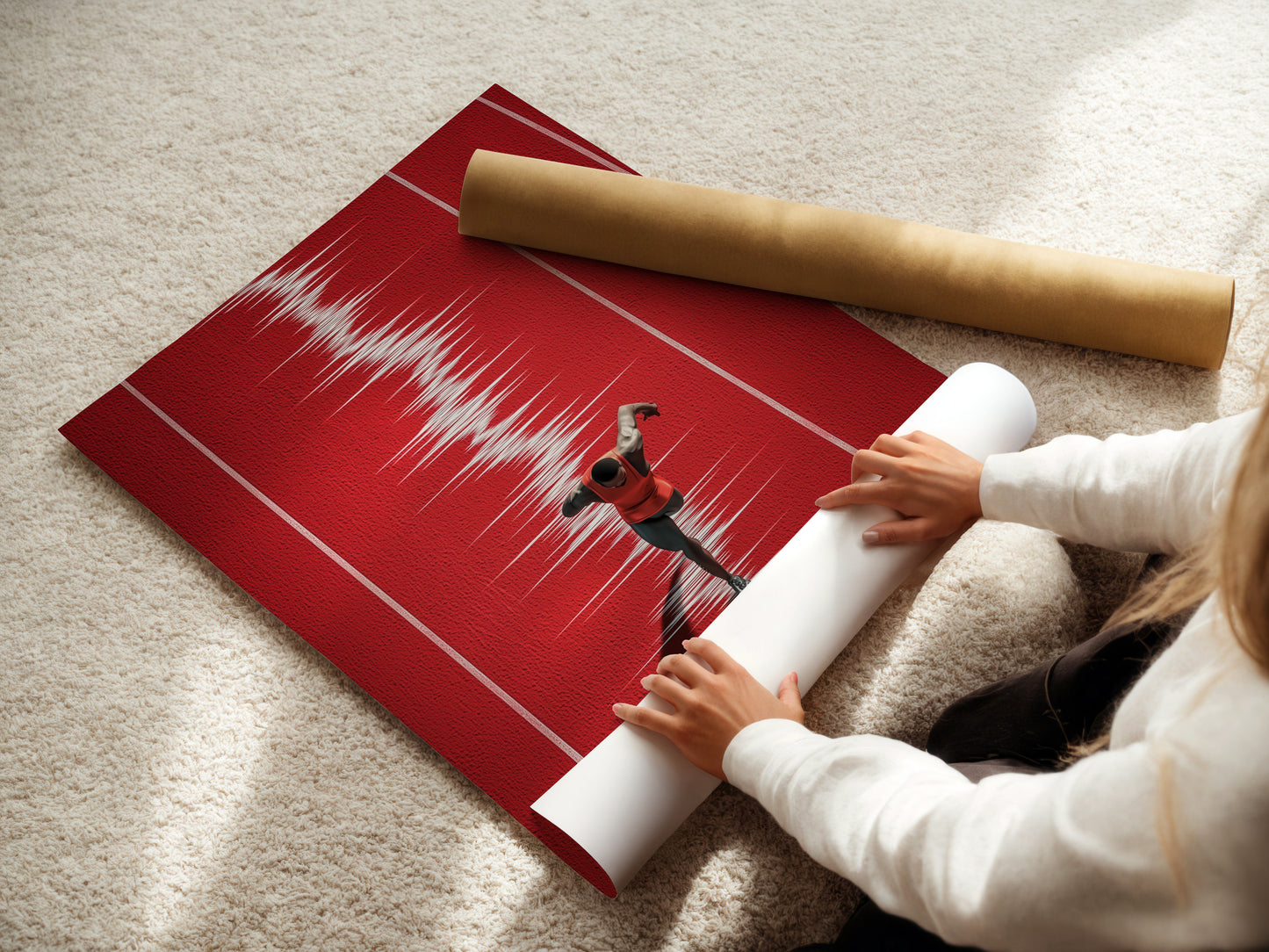 A woman is carefully unrolling a fine art poster paper. The fine art paper showcases the details of the artwork. The poster paper is high-quality and archival. The art piece is ready to be framed or displayed. Explore our fine art posters.