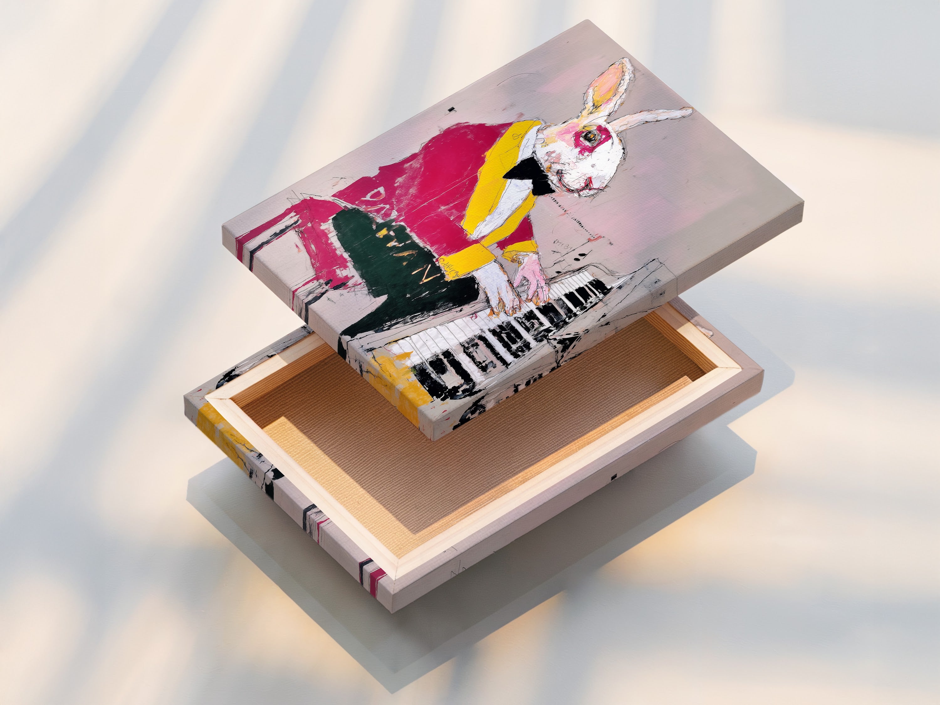 A stretched canvas print of the Rabbit Pianist artwork. This whimsical animal wall art is ready to hang. Contemporary mixed media canvas perfect for music room decor. Add a touch of artistic charm. Perfect for any living space.