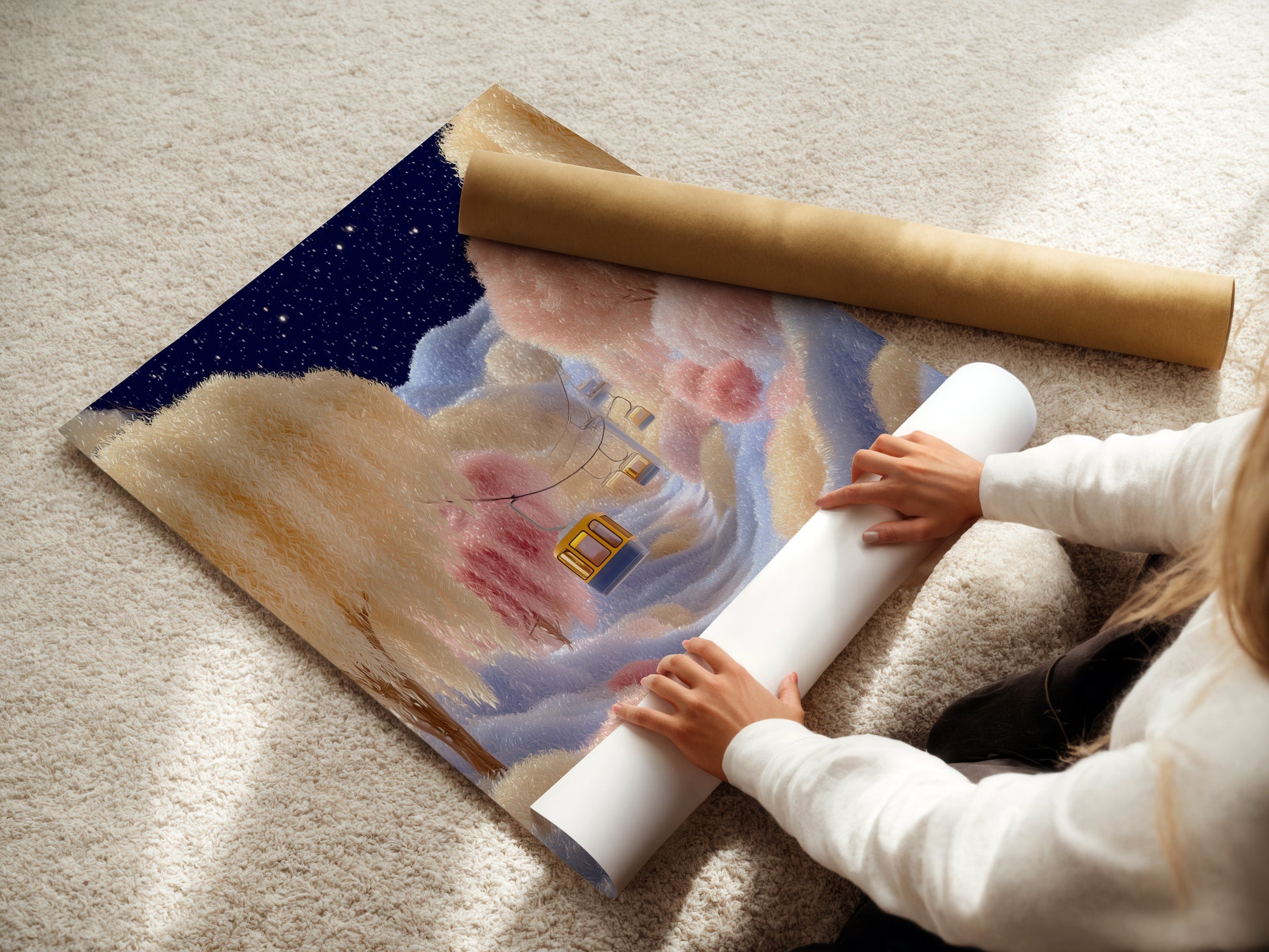A woman is carefully rolling a fine art poster paper. The pastel sky art is delicate and beautiful. This dreamy wall art is ready for framing. This ensures safe transportation of the artwork.